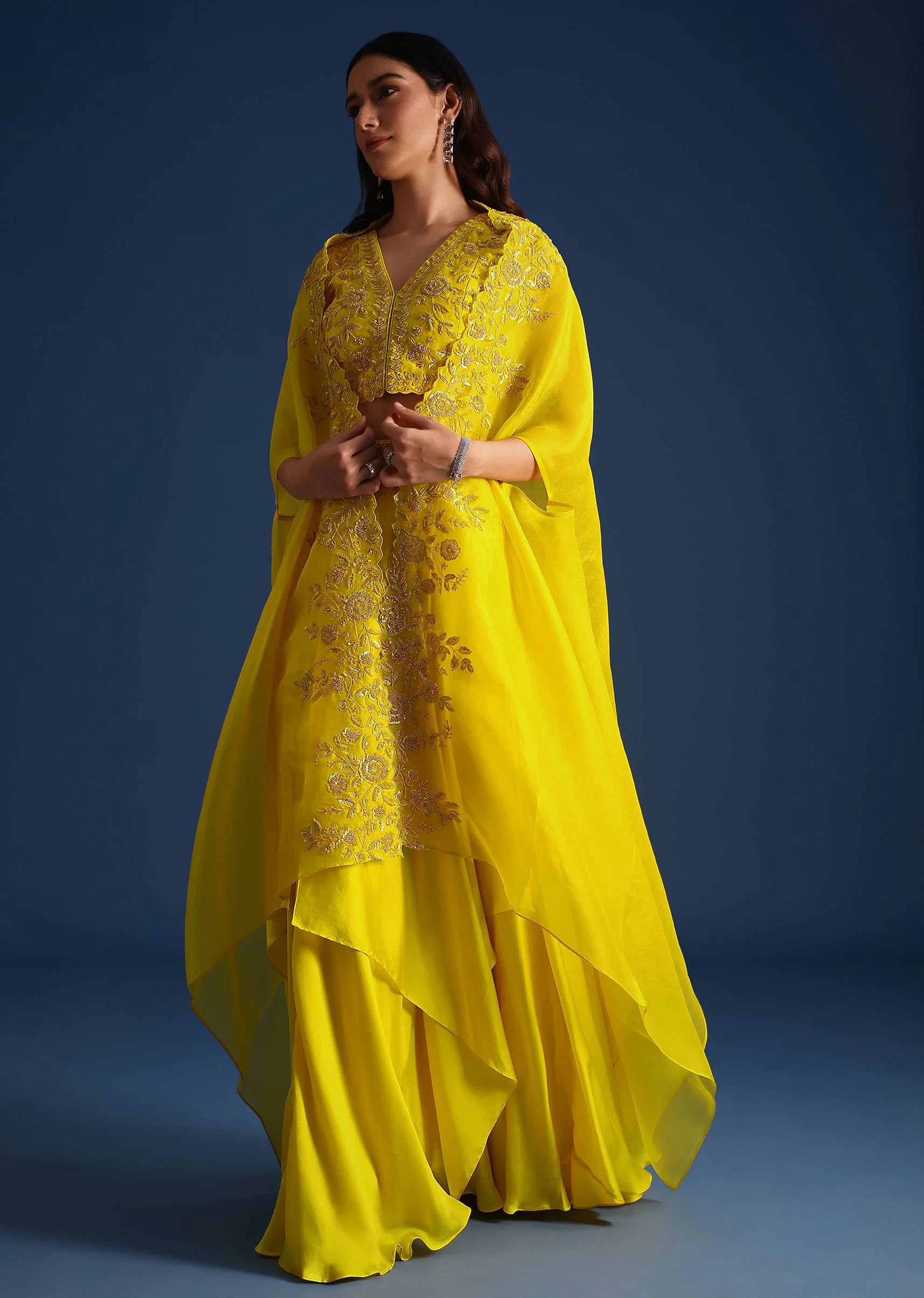 Yellow Bead Embroidered Jacket With Blouse And Skirt - Image 3