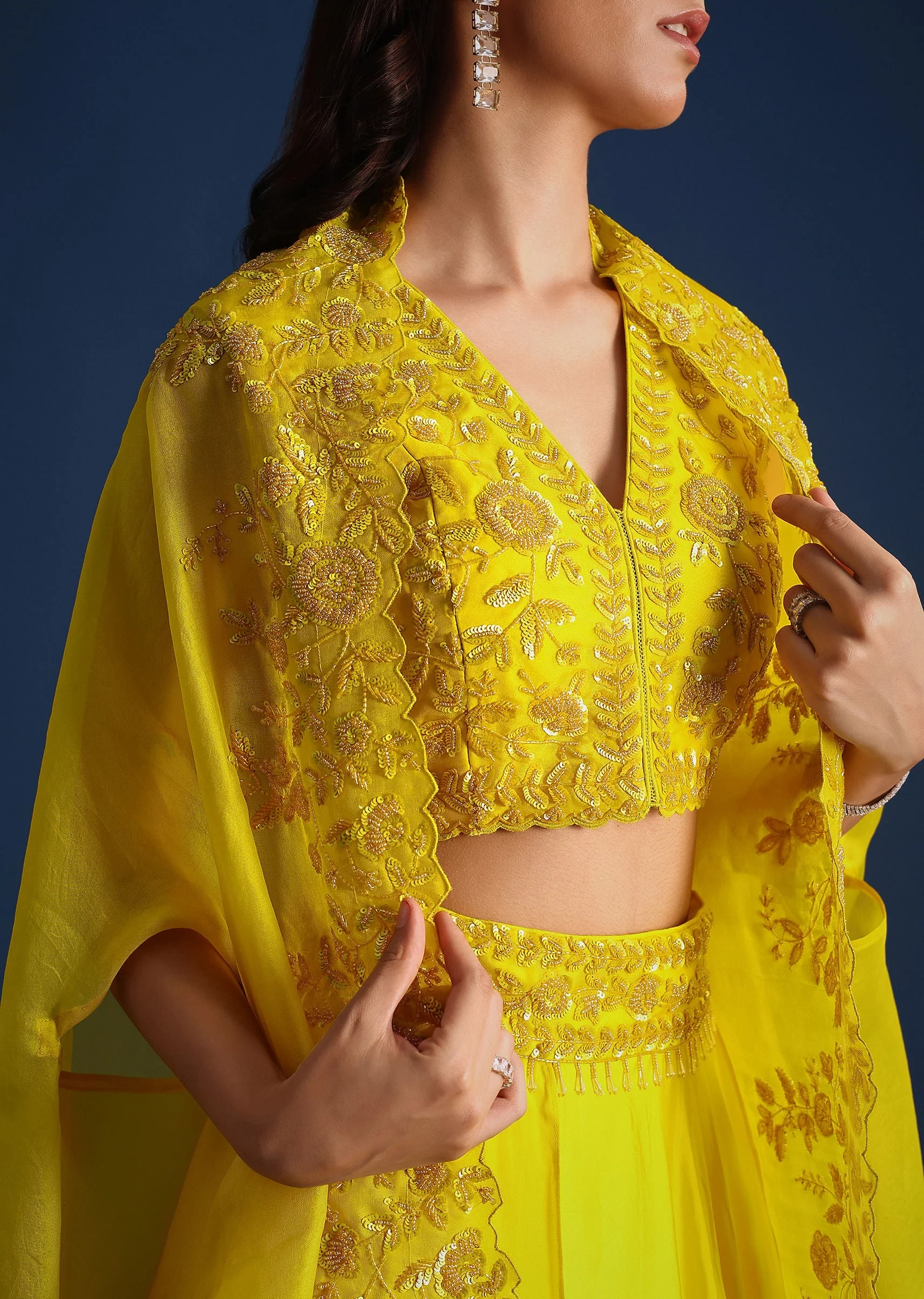 Yellow Bead Embroidered Jacket With Blouse And Skirt - Image 4