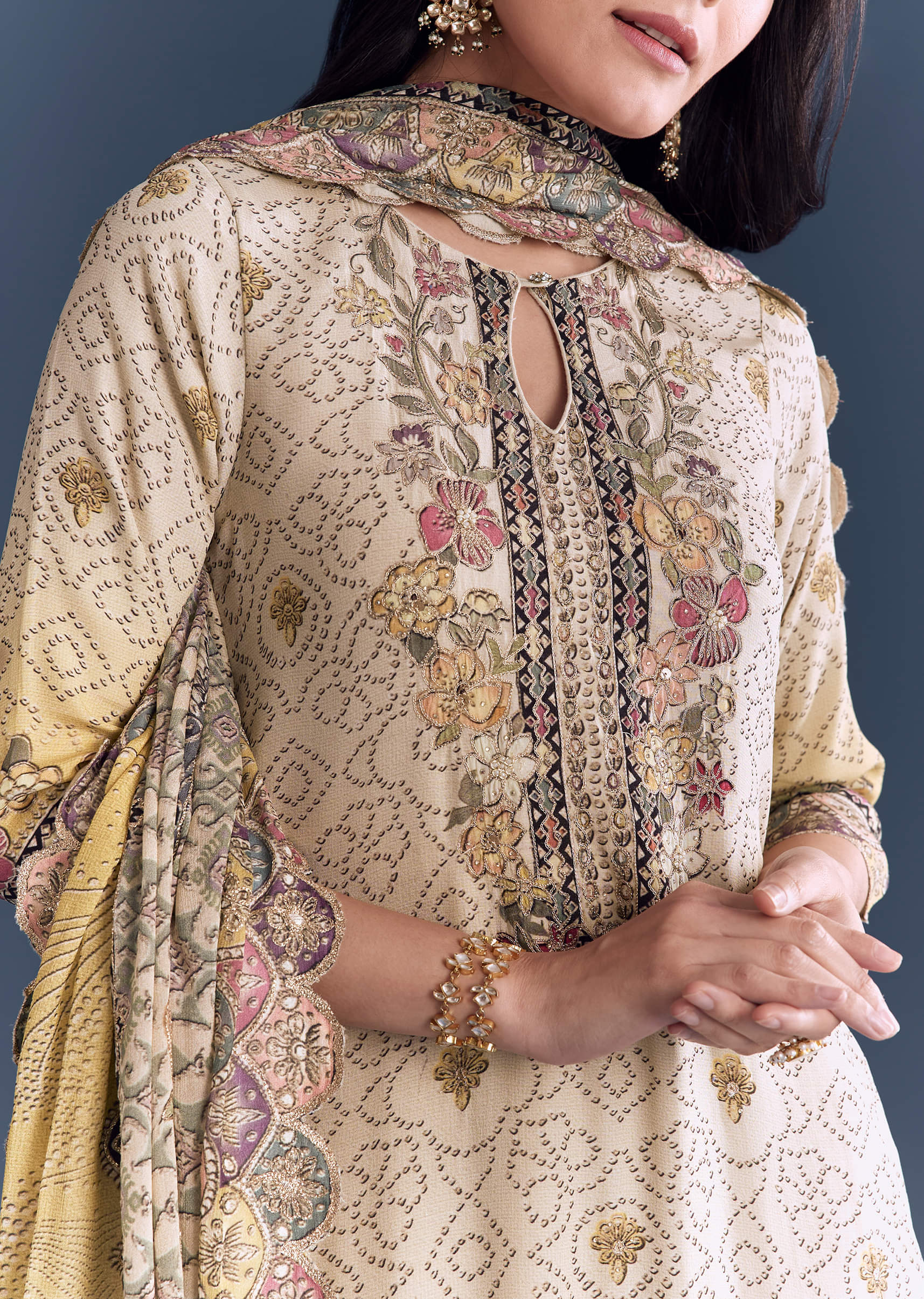 Yellow Beige Ombre Crepe Kurta Set With Floral Print - Image 2