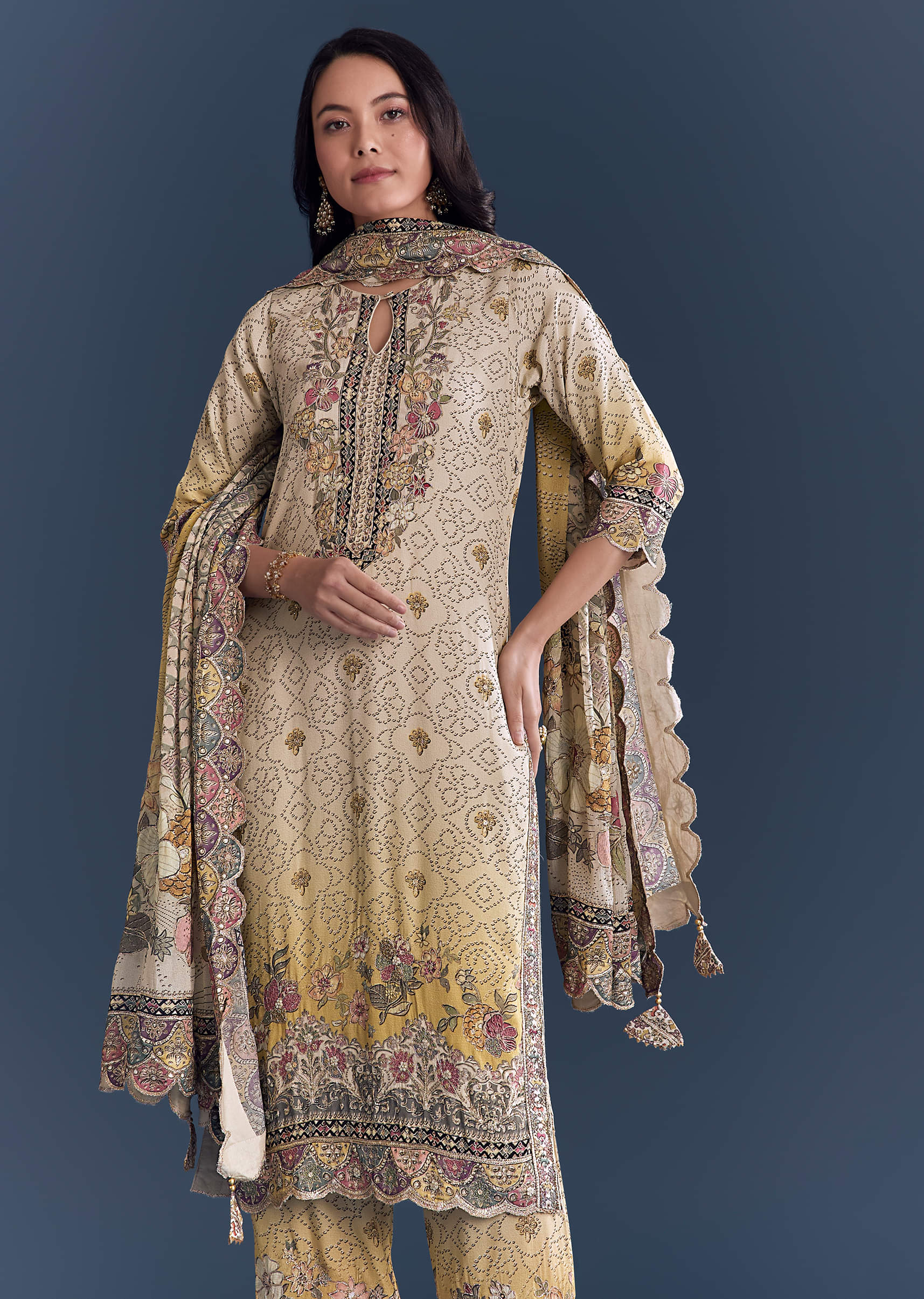 Yellow Beige Ombre Crepe Kurta Set With Floral Print - Image 4