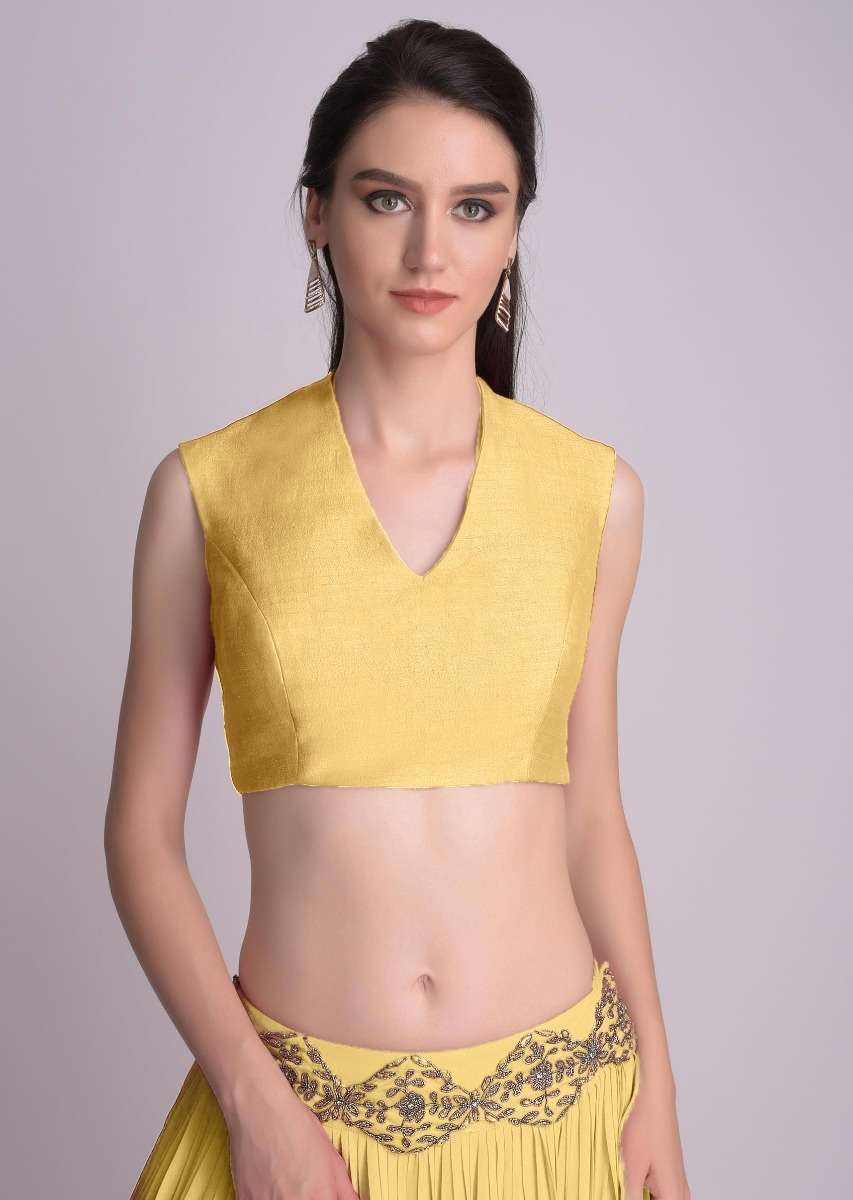 Yellow Blouse In Raw Silk With V Neckline - Image 3