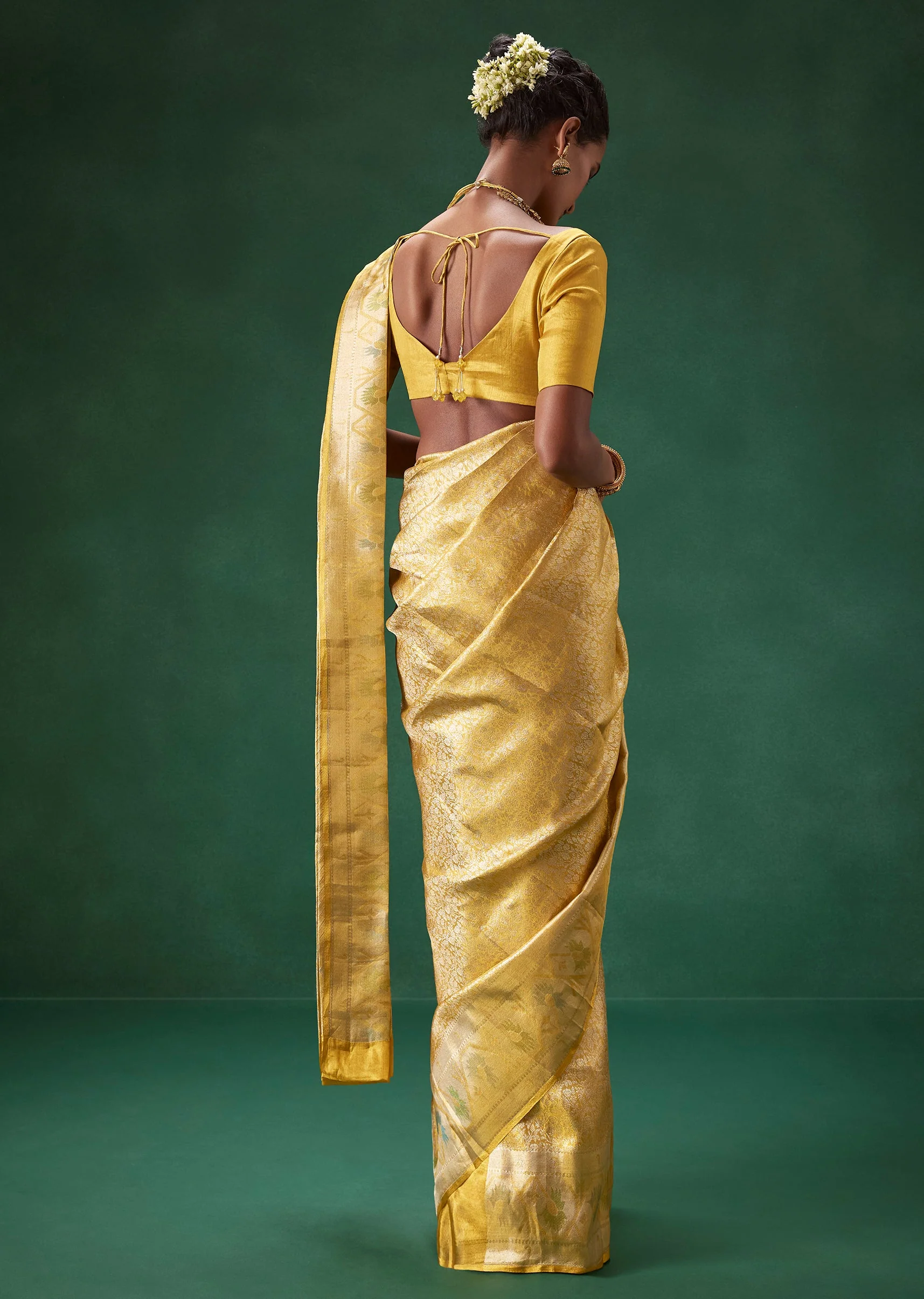 Yellow Bridal Kanjivaram Woven Saree with Unstitched Blouse - Image 2