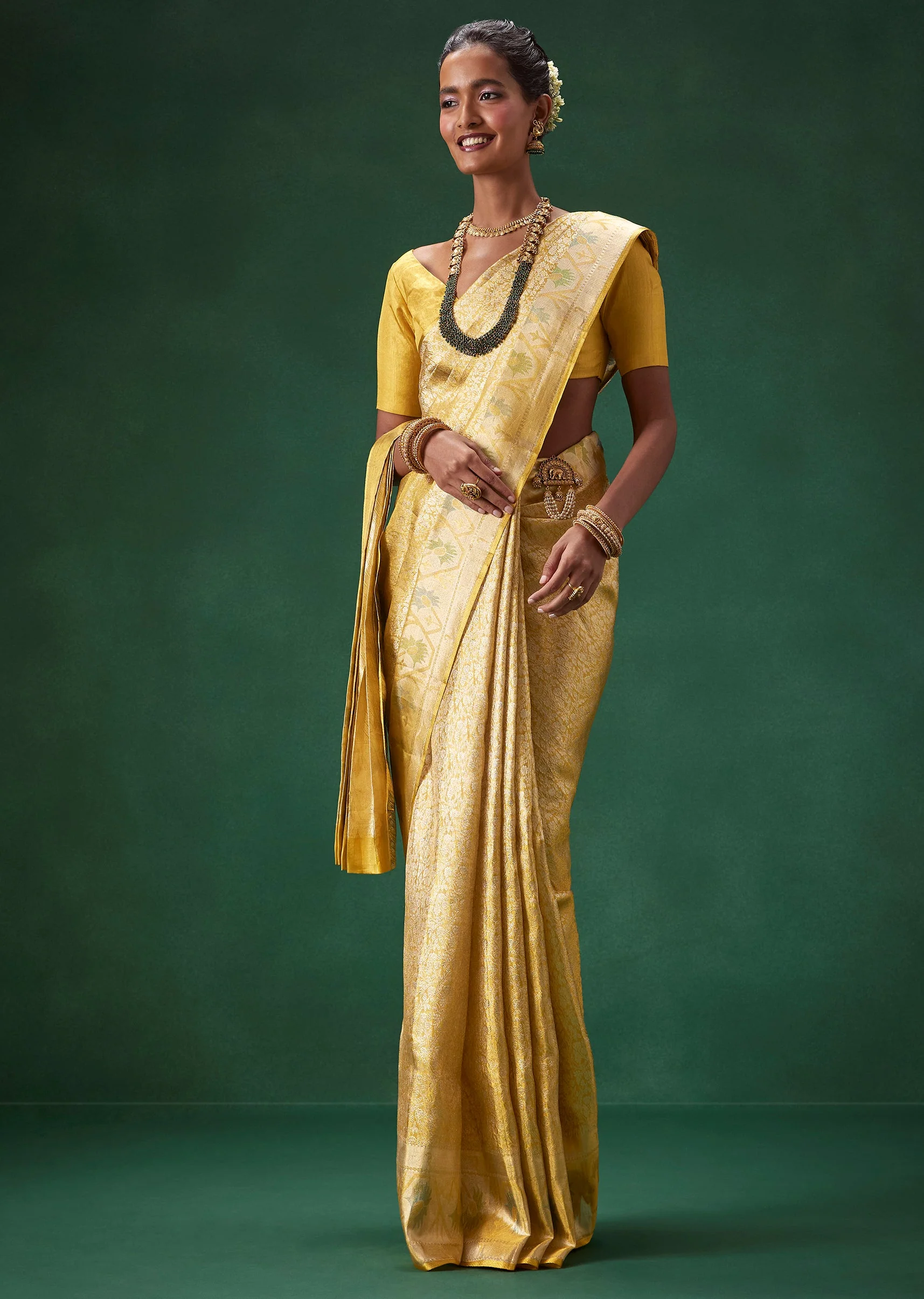 Yellow Bridal Kanjivaram Woven Saree with Unstitched Blouse - Image 4
