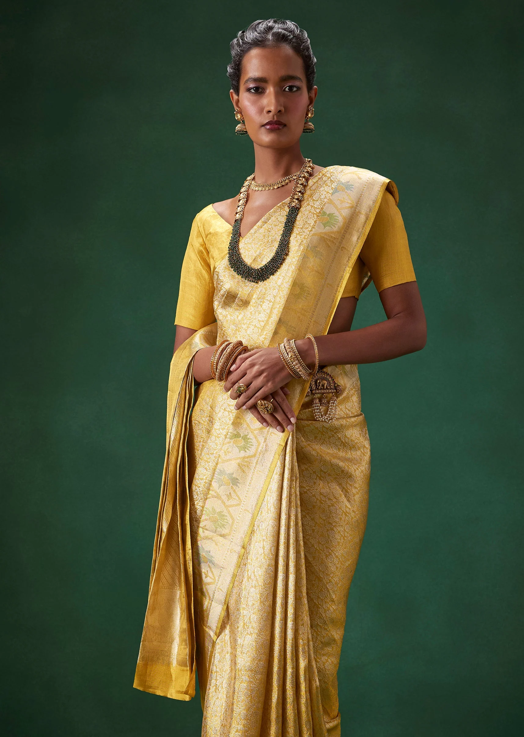 Yellow Bridal Kanjivaram Woven Saree with Unstitched Blouse - Image 6