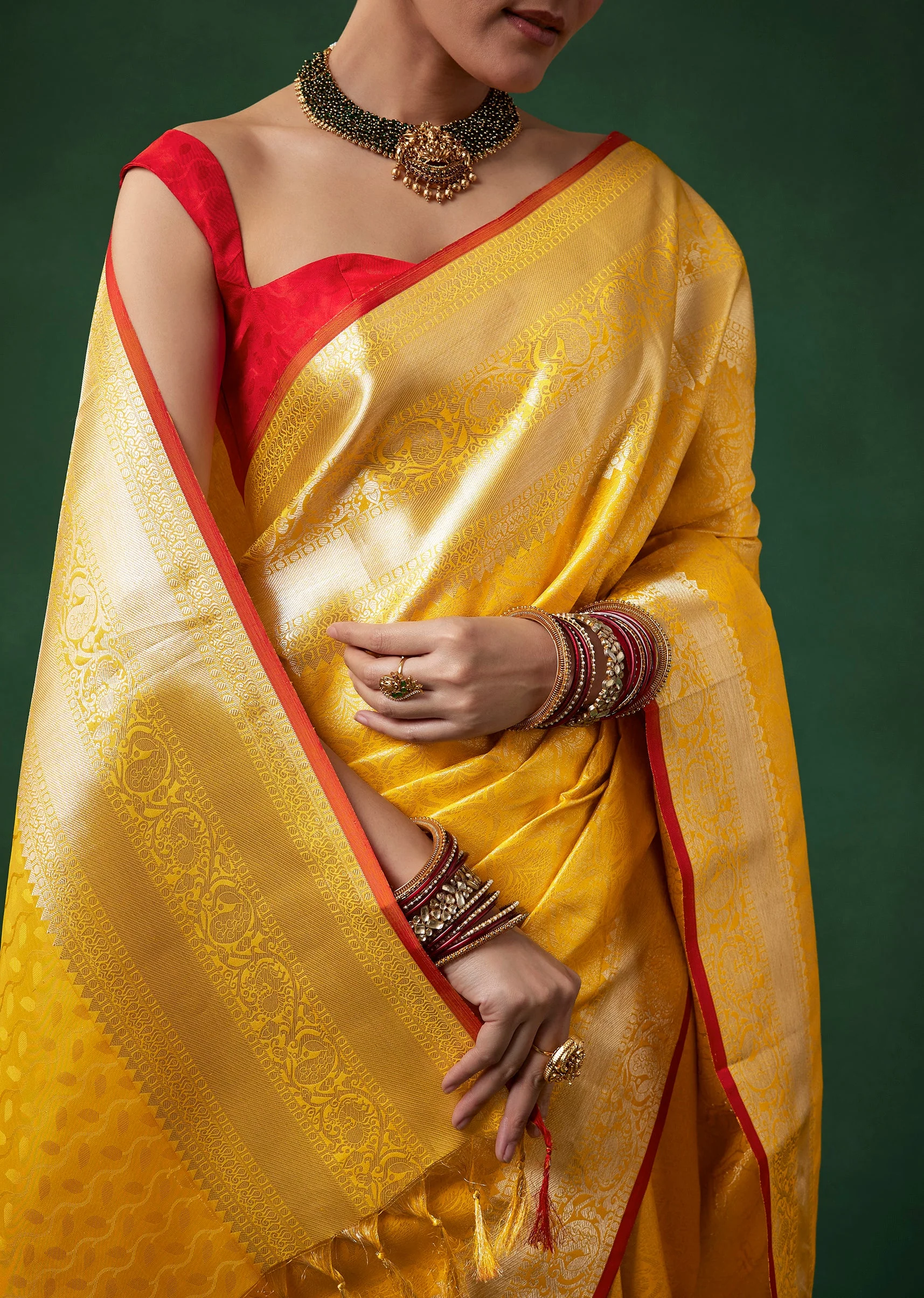 Yellow Bridal Kanjivaram Zari Woven Saree with Unstitched Blouse - Image 2