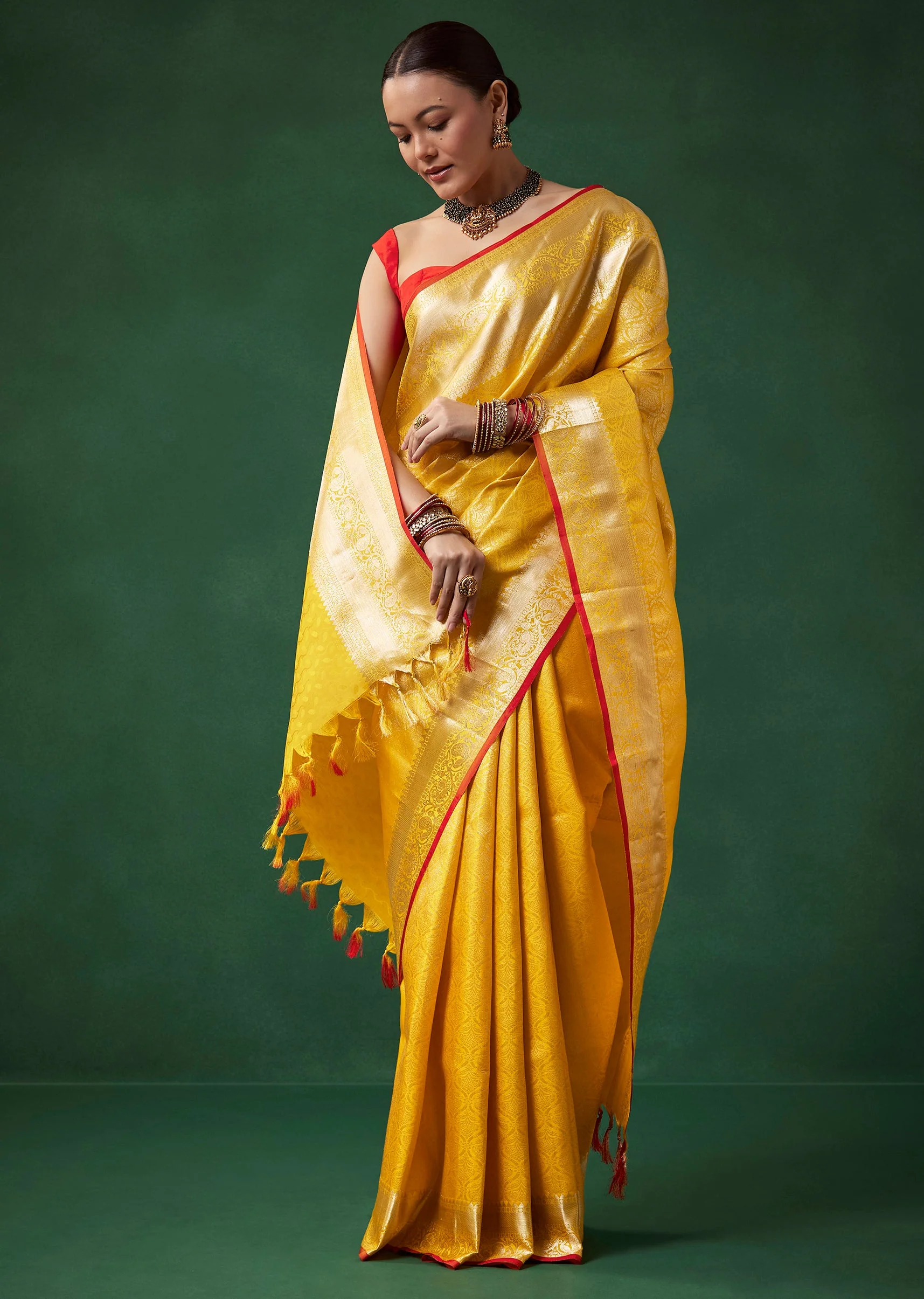 Yellow Bridal Kanjivaram Zari Woven Saree with Unstitched Blouse - Image 3