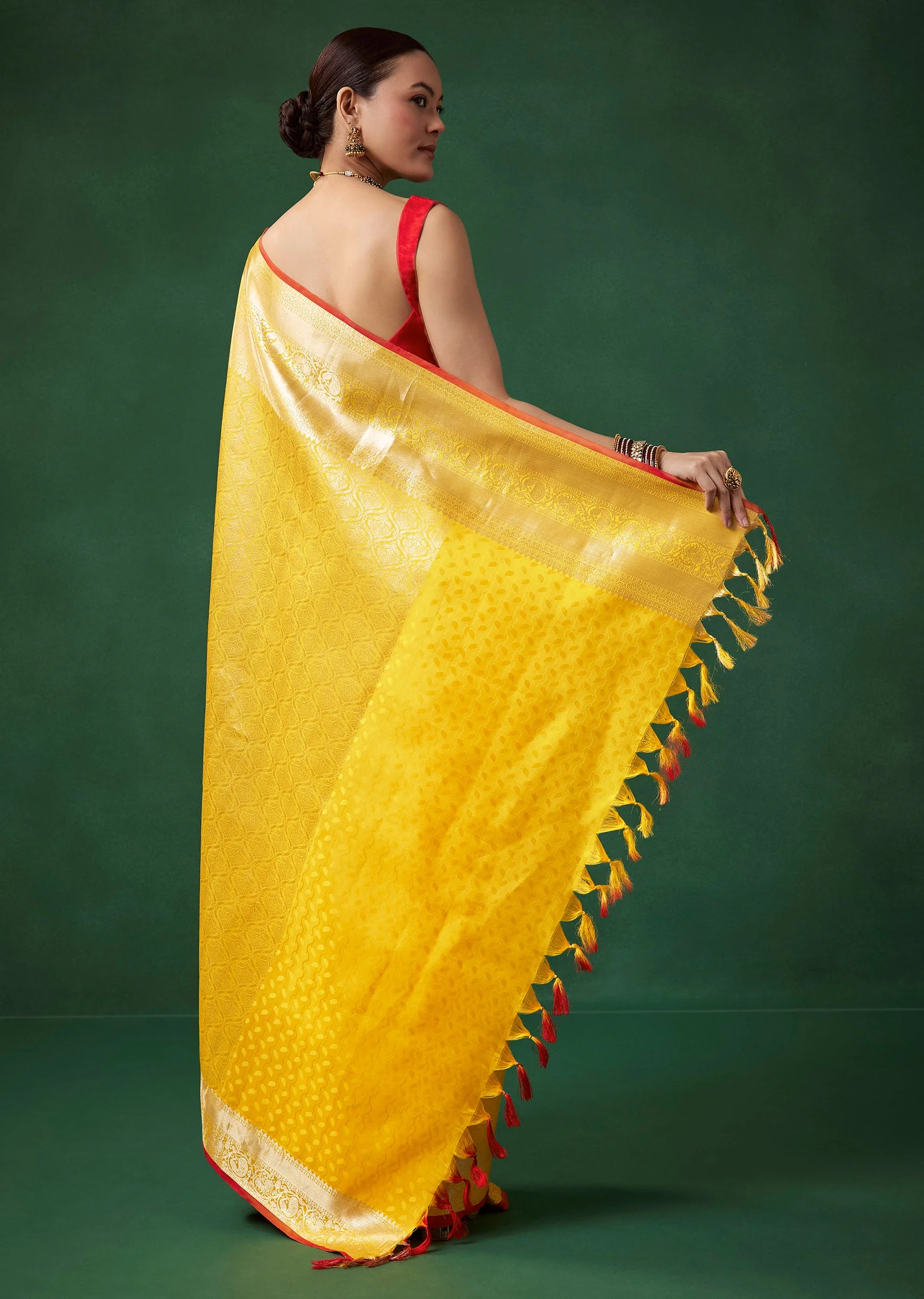Yellow Bridal Kanjivaram Zari Woven Saree with Unstitched Blouse - Image 4