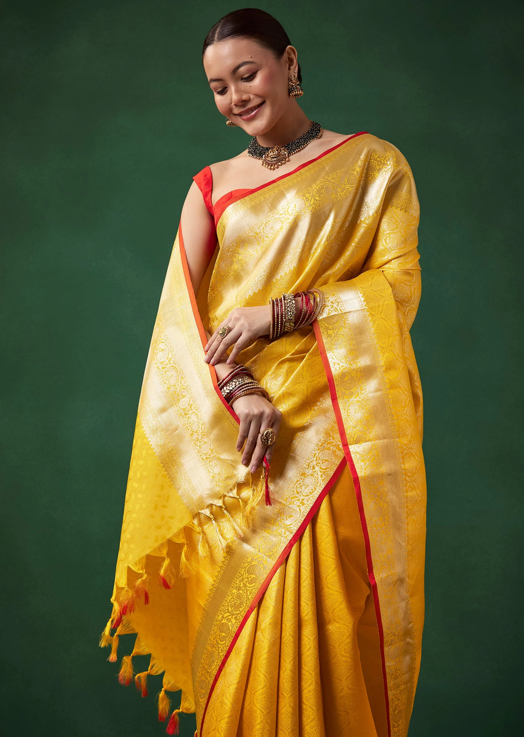 Yellow Bridal Kanjivaram Zari Woven Saree with Unstitched Blouse - Image 5