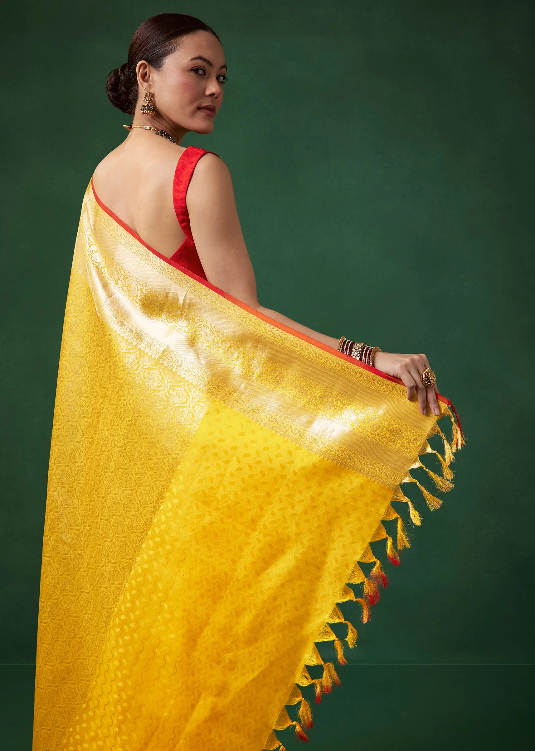 Yellow Bridal Kanjivaram Zari Woven Saree with Unstitched Blouse - Image 6