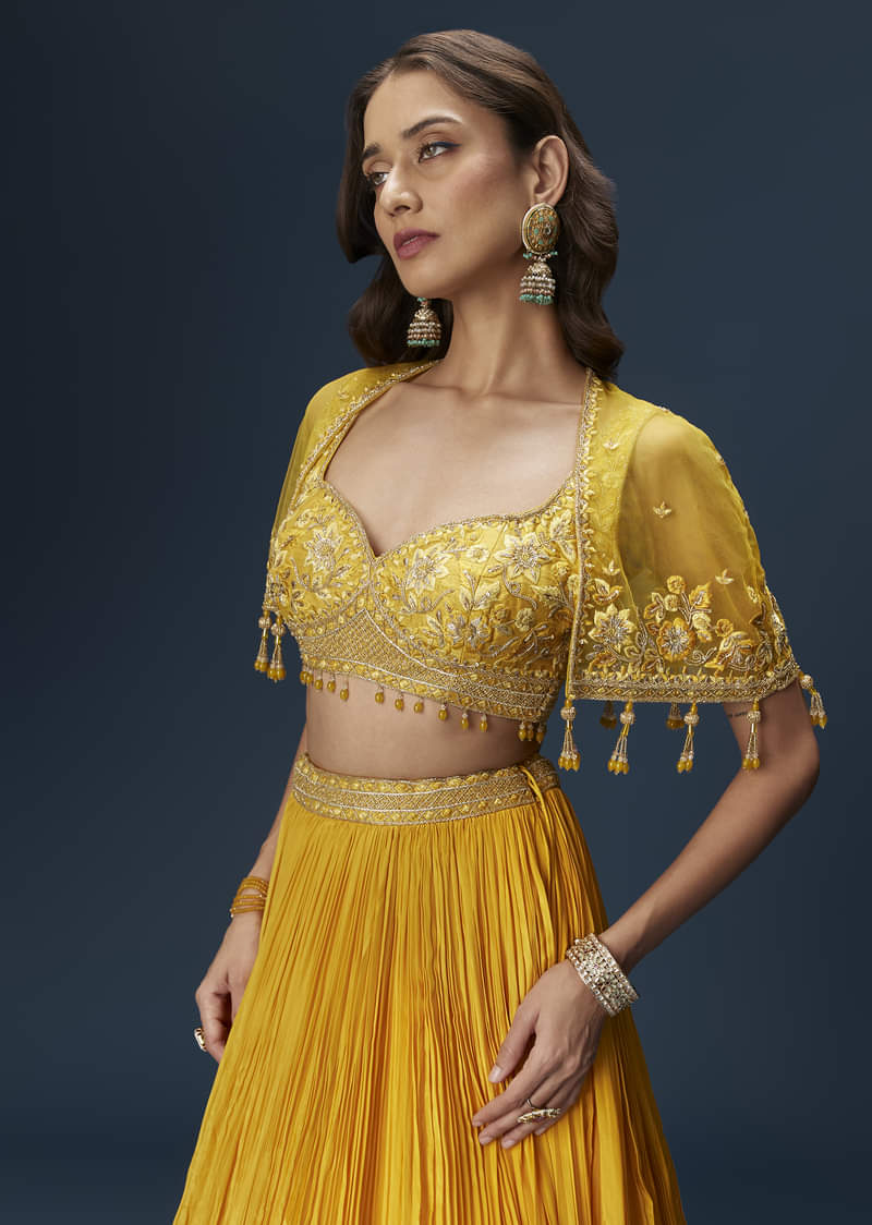 Yellow Bridesmaid Lehenga With Sleeveless Blouse And Draped Cape - Image 4