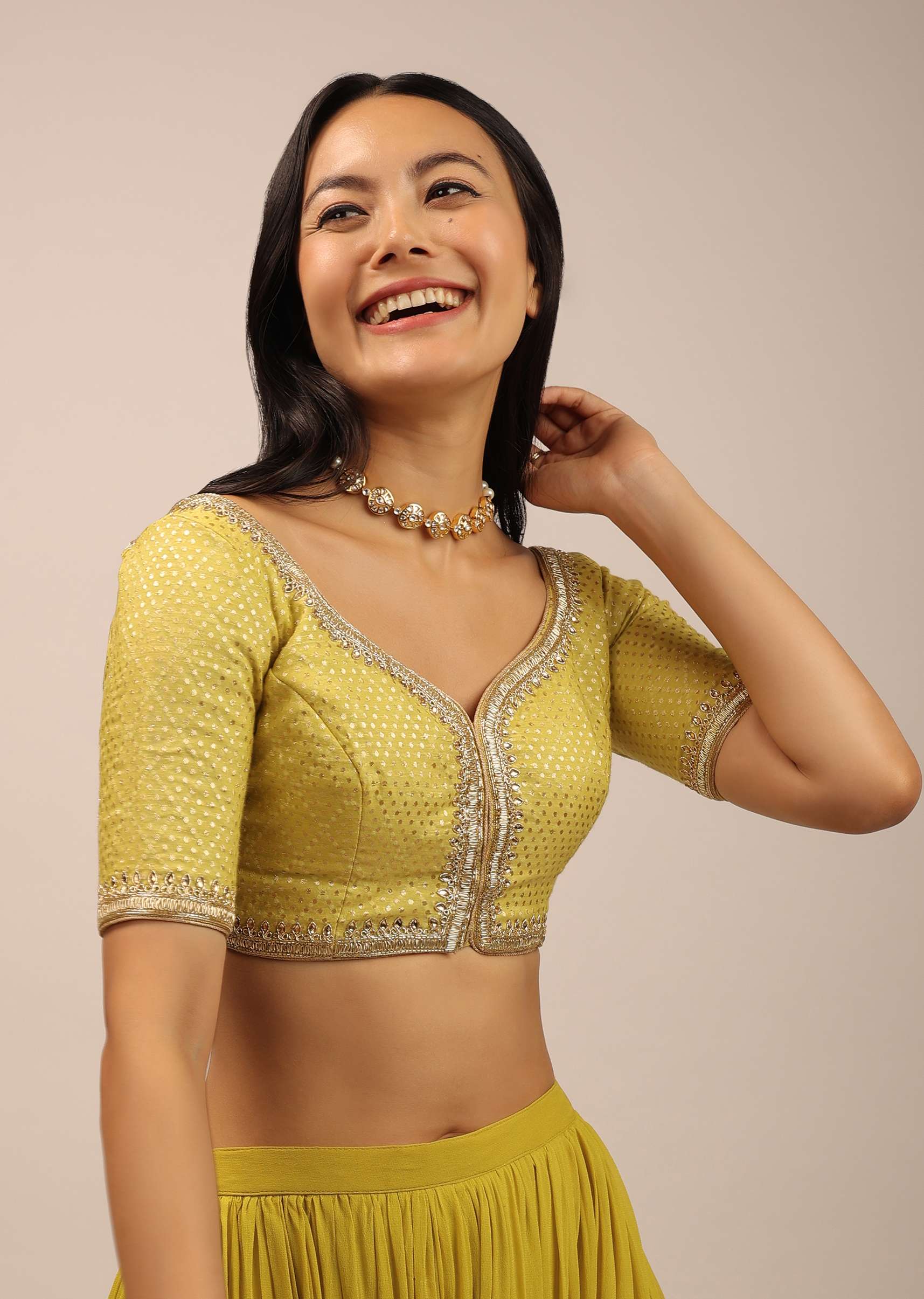 Yellow Brocade Blouse With Front Hook Closure, Half Sleeves And Gotta Patti Embroidery - Image 2
