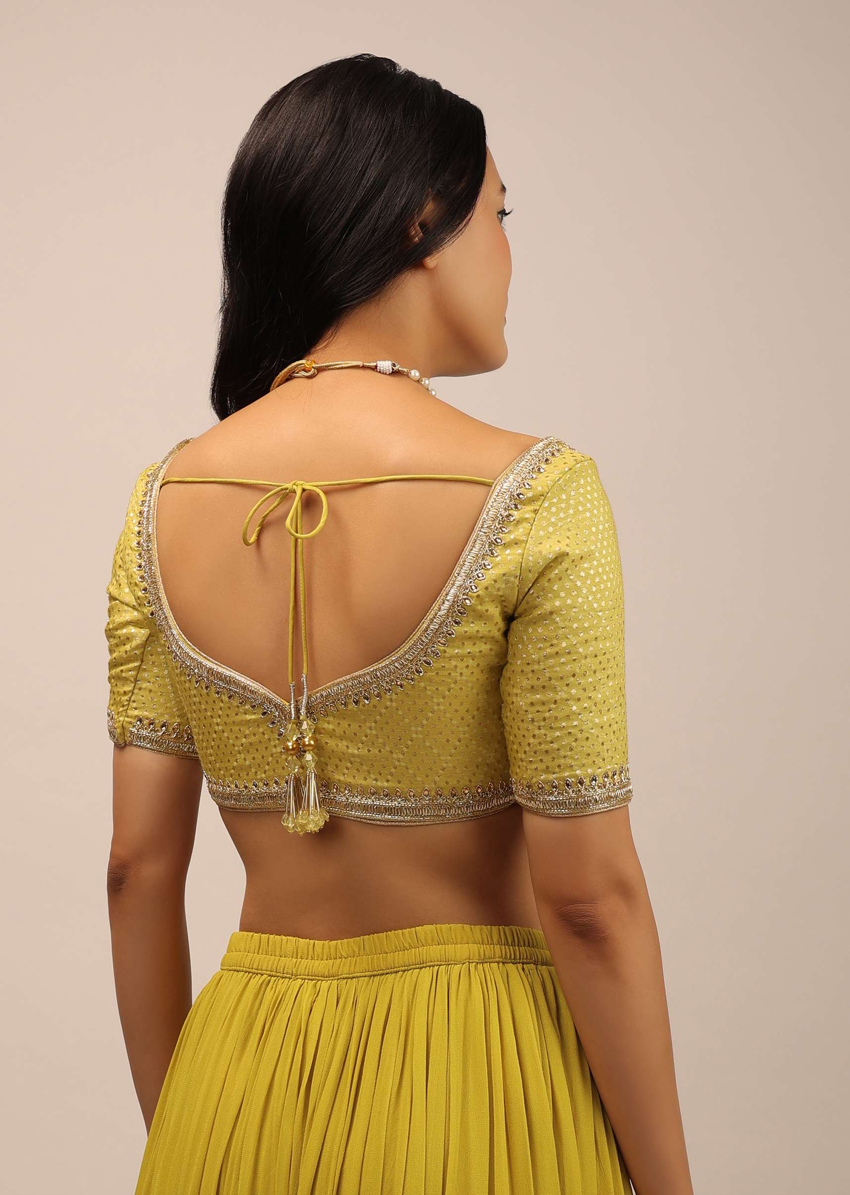 Yellow Brocade Blouse With Front Hook Closure, Half Sleeves And Gotta Patti Embroidery - Image 5