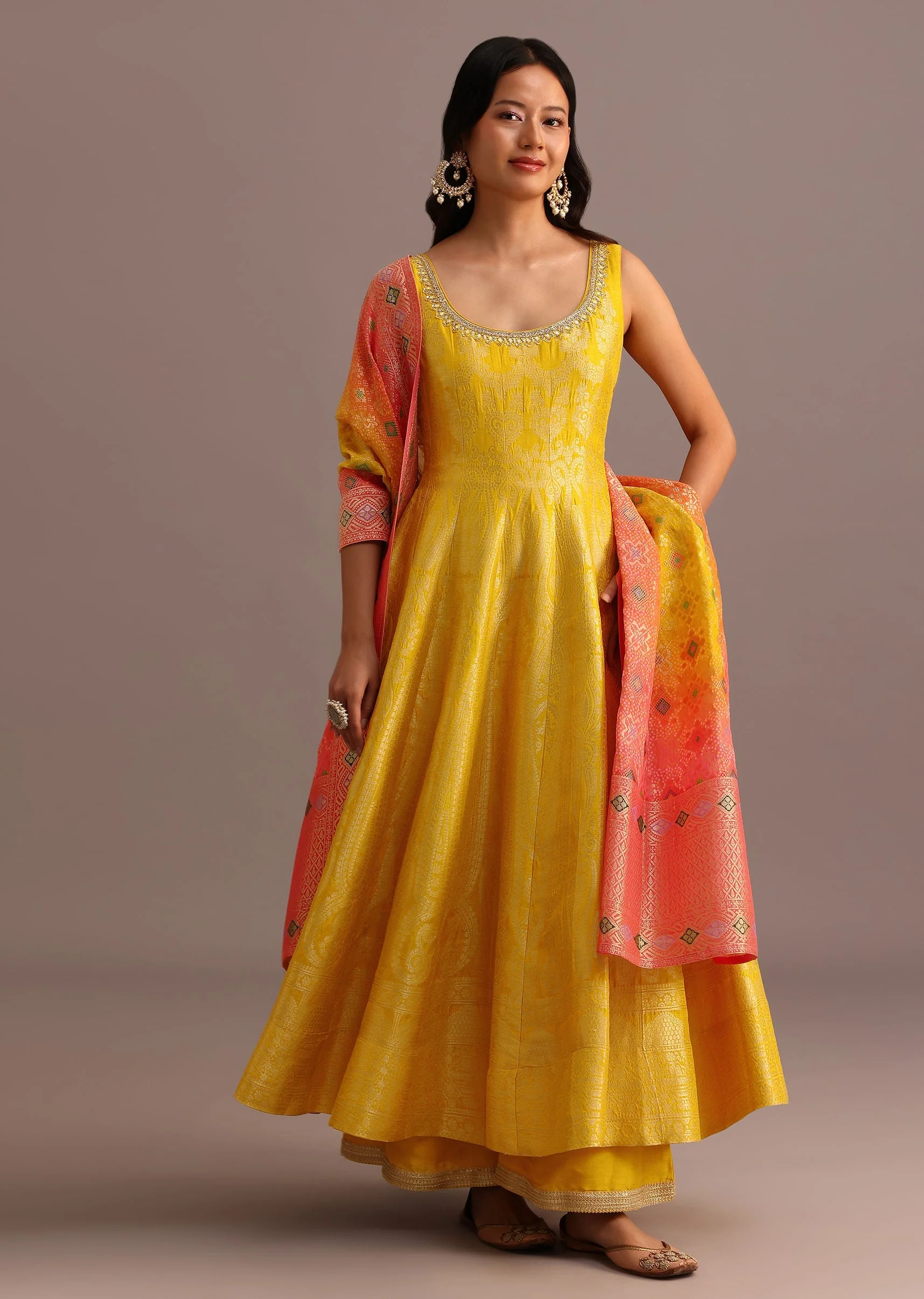 Yellow Brocade Weave Anarkali Set With Dupatta - Image 3