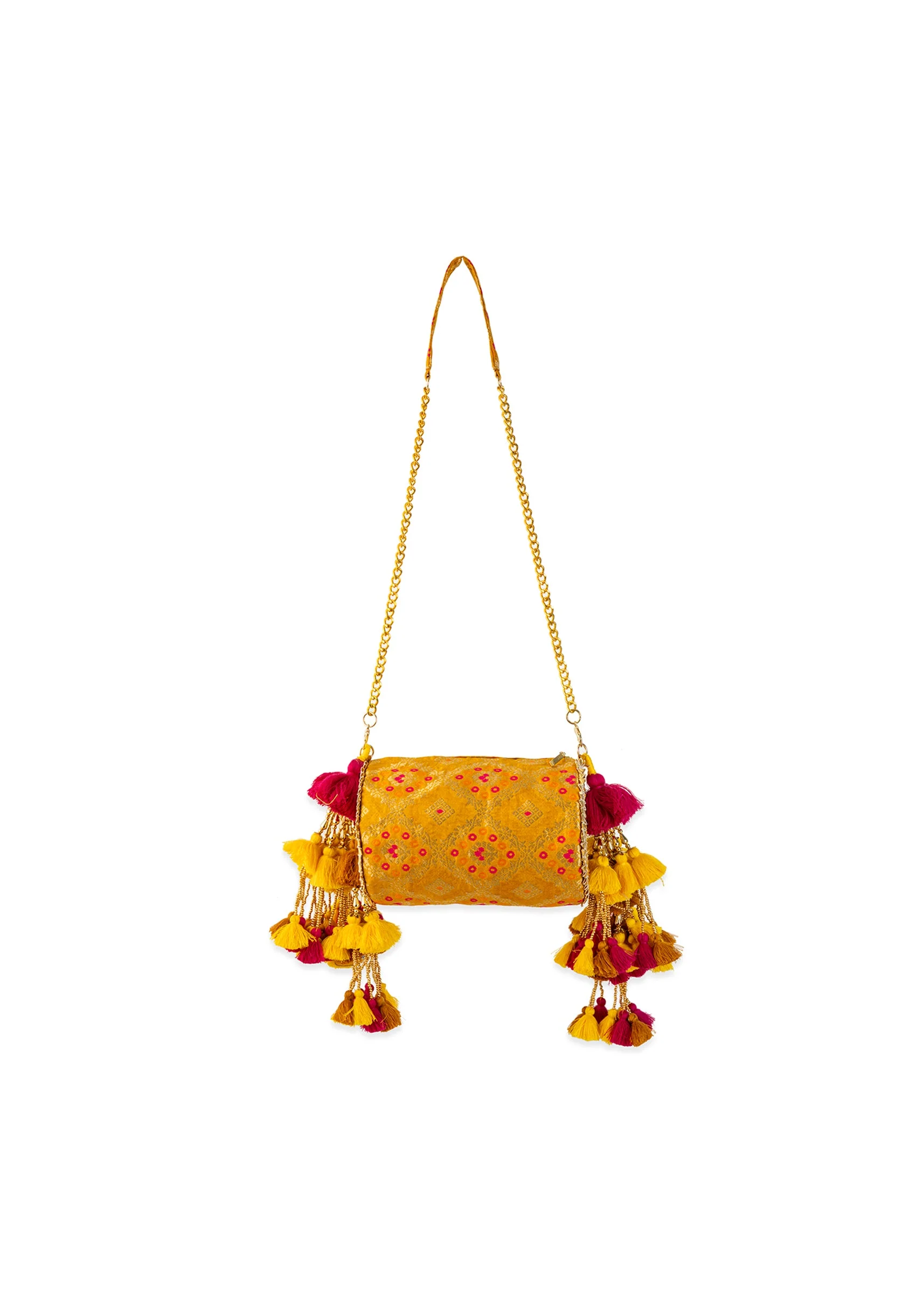 Yellow Brocade Zari Work Kundan Bag with Tassel - Image 2