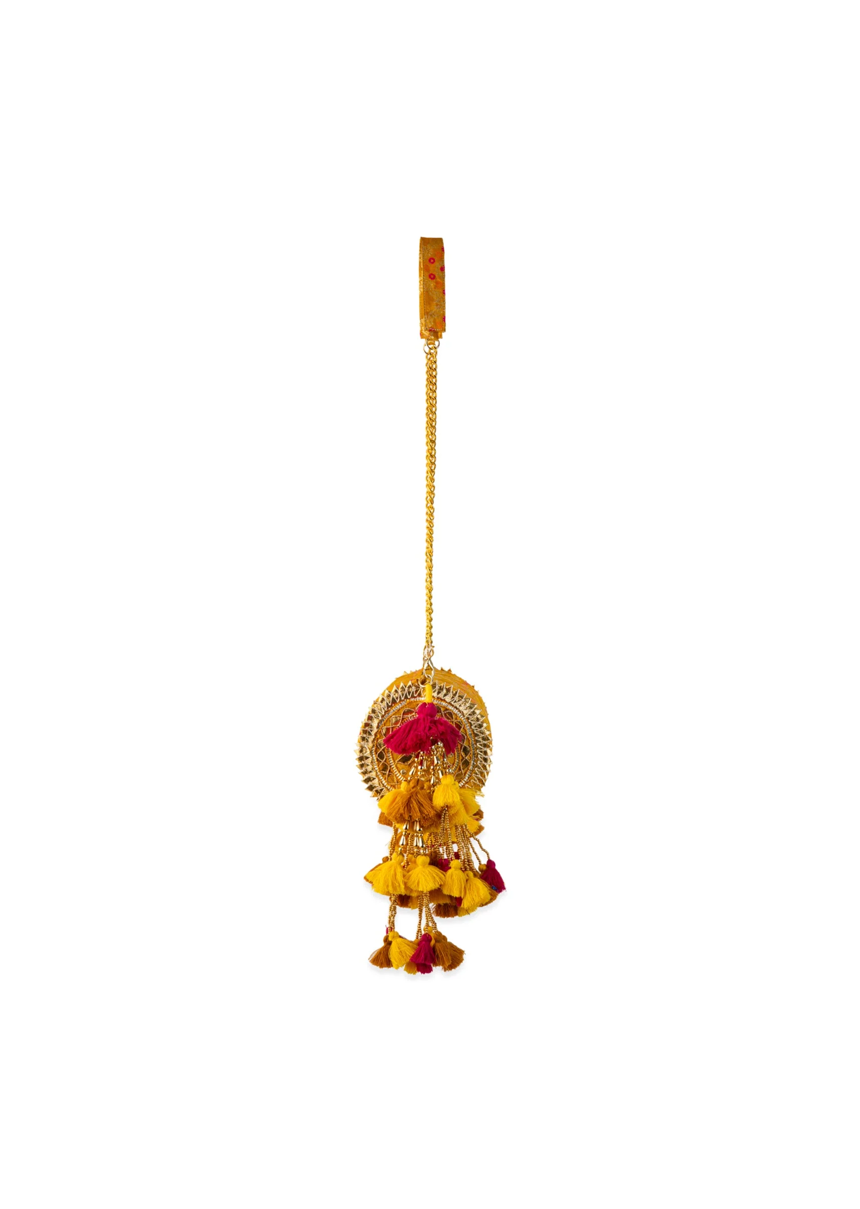 Yellow Brocade Zari Work Kundan Bag with Tassel - Image 4