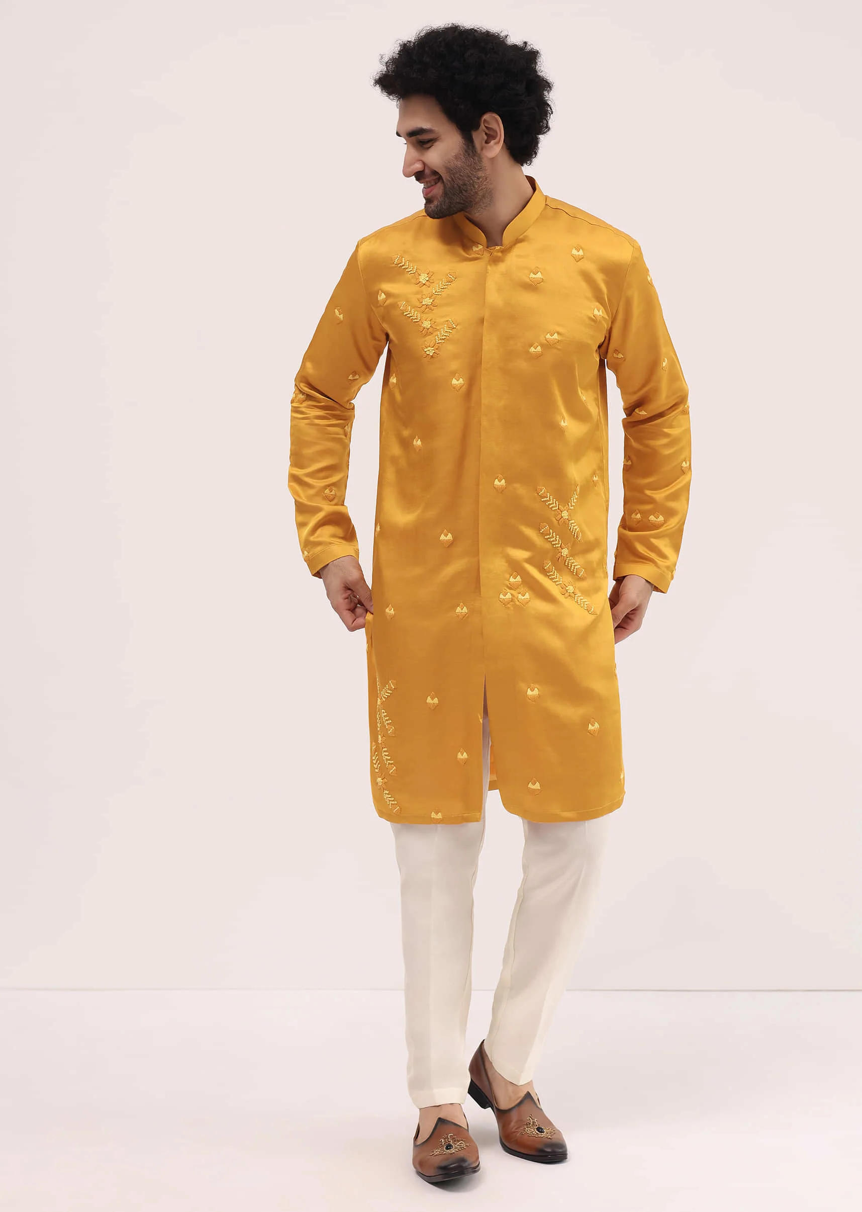 Yellow Bud Embroidered Silk Kurta Set For Men - Image 2