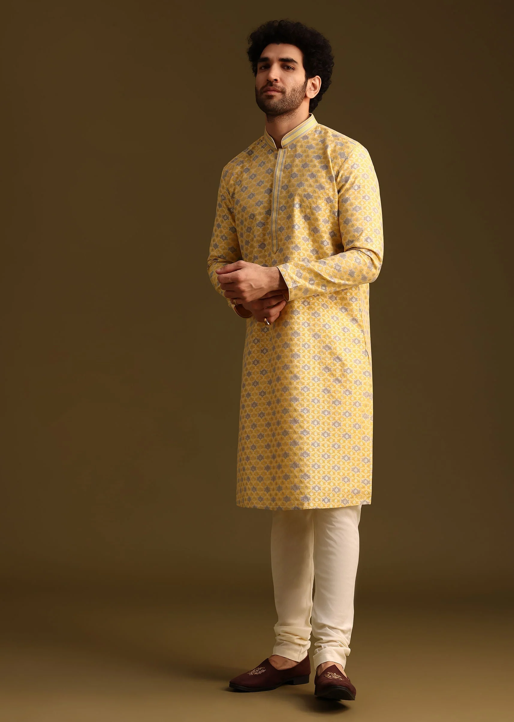 Yellow Butti Work Kurta And Pyjama - Image 3