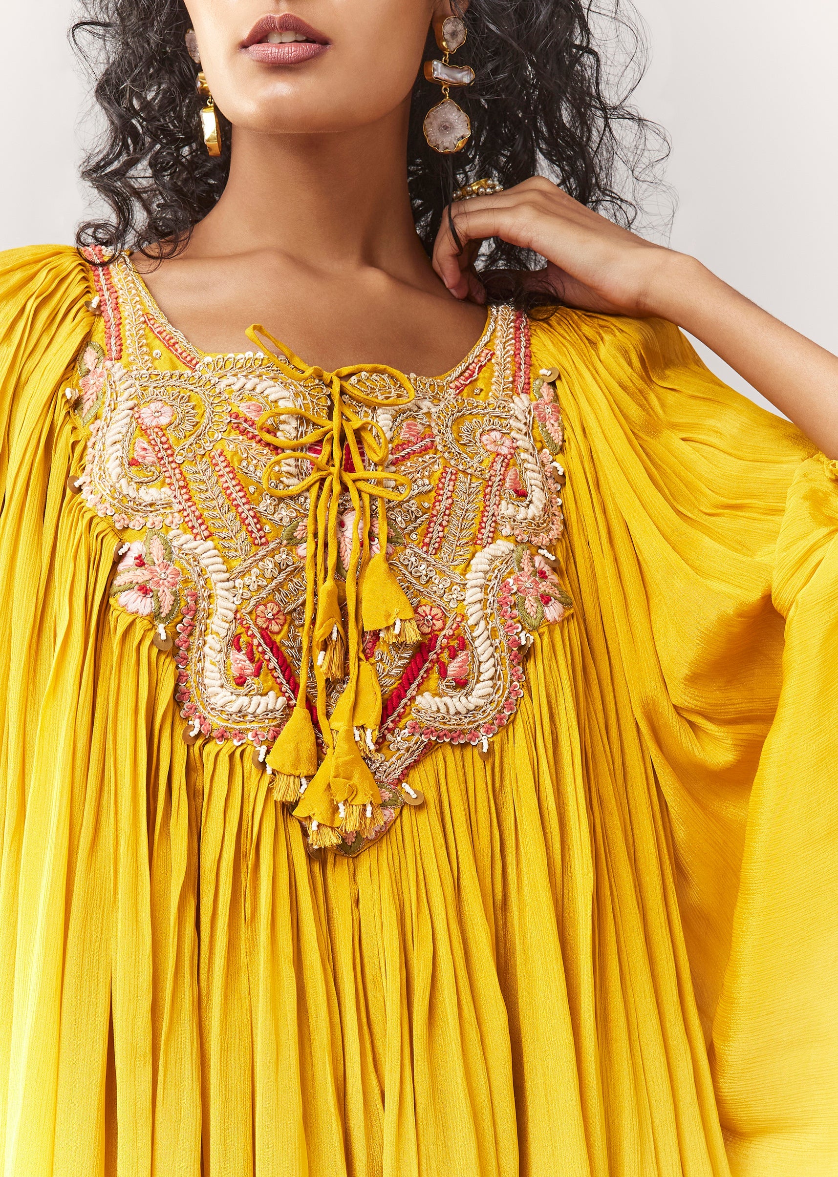 Yellow Cape Style Top Set With Thread And Zardosi Work - Image 2