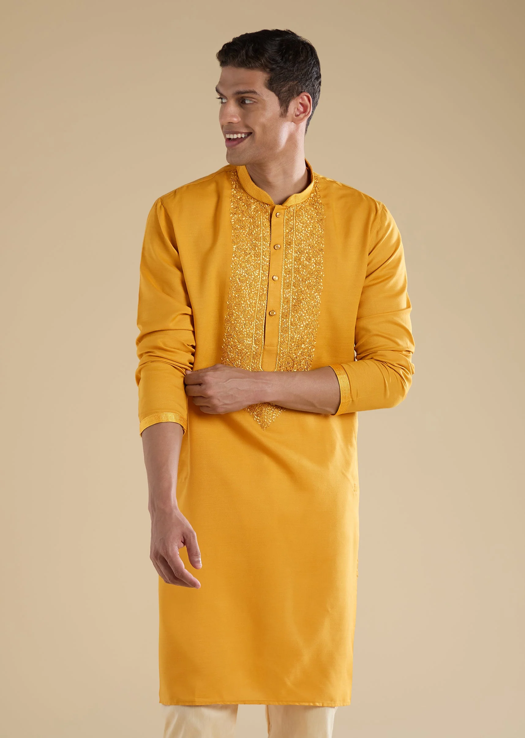 Yellow Casual Kurta Set For Men - Image 3
