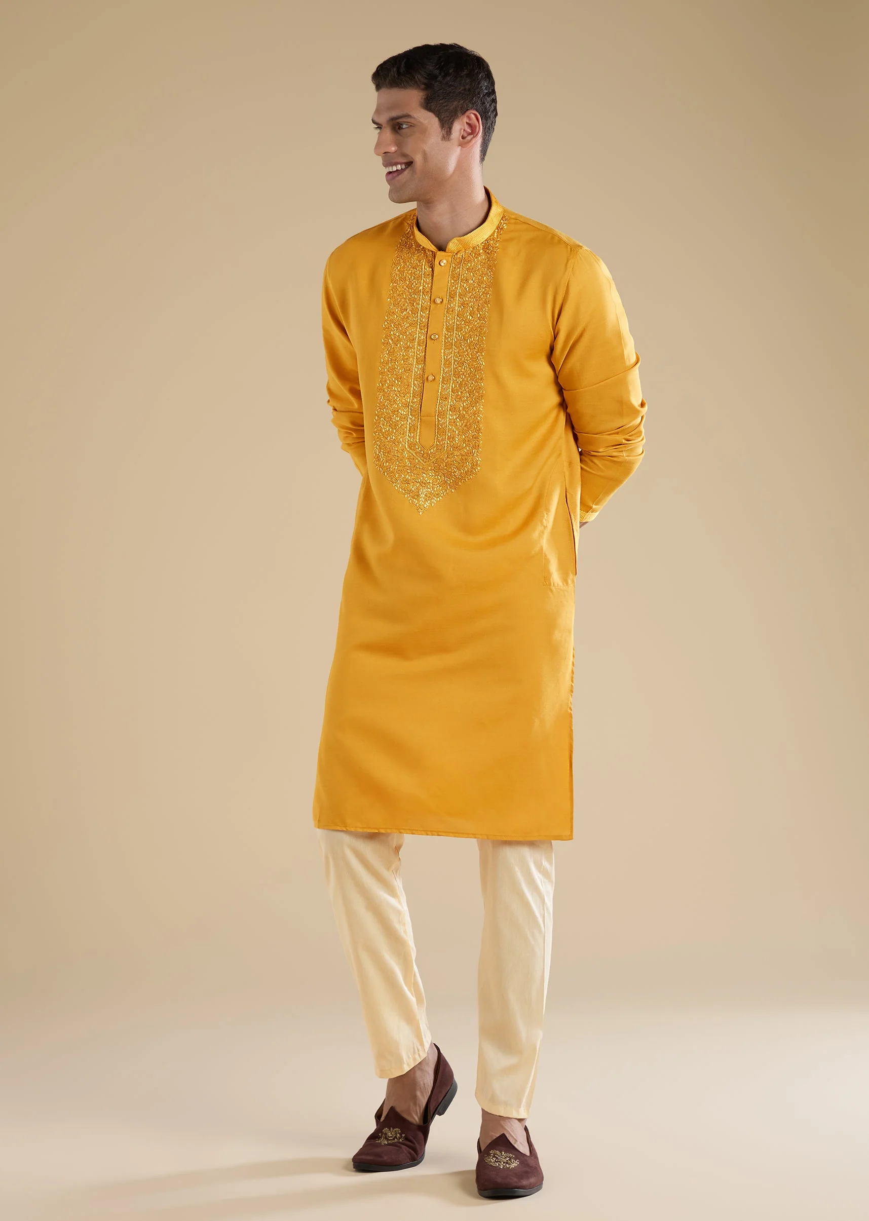 Yellow Casual Kurta Set For Men - Image 4