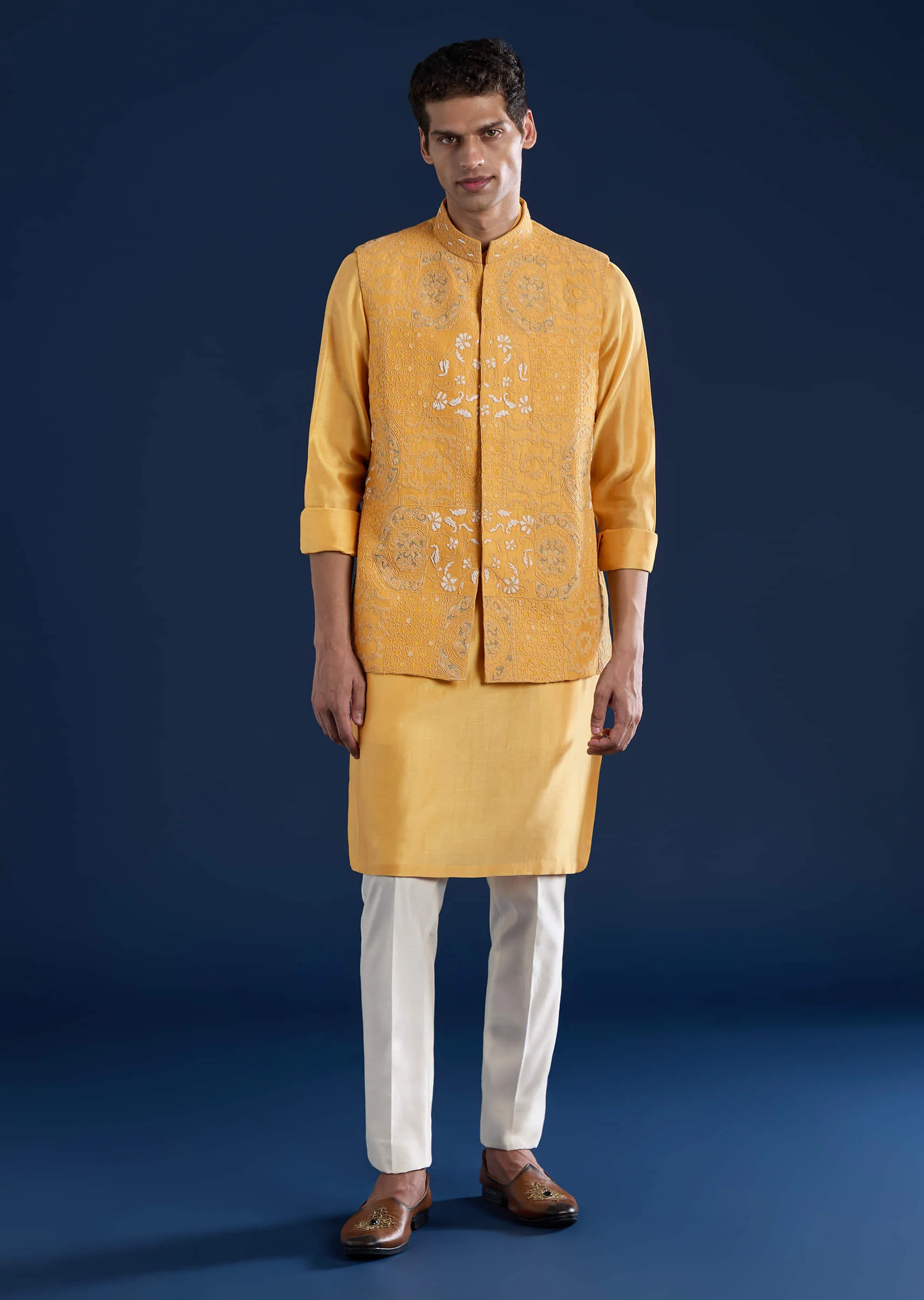 Yellow Chanderi Jacket Kurta Set with Dori Work - Image 3