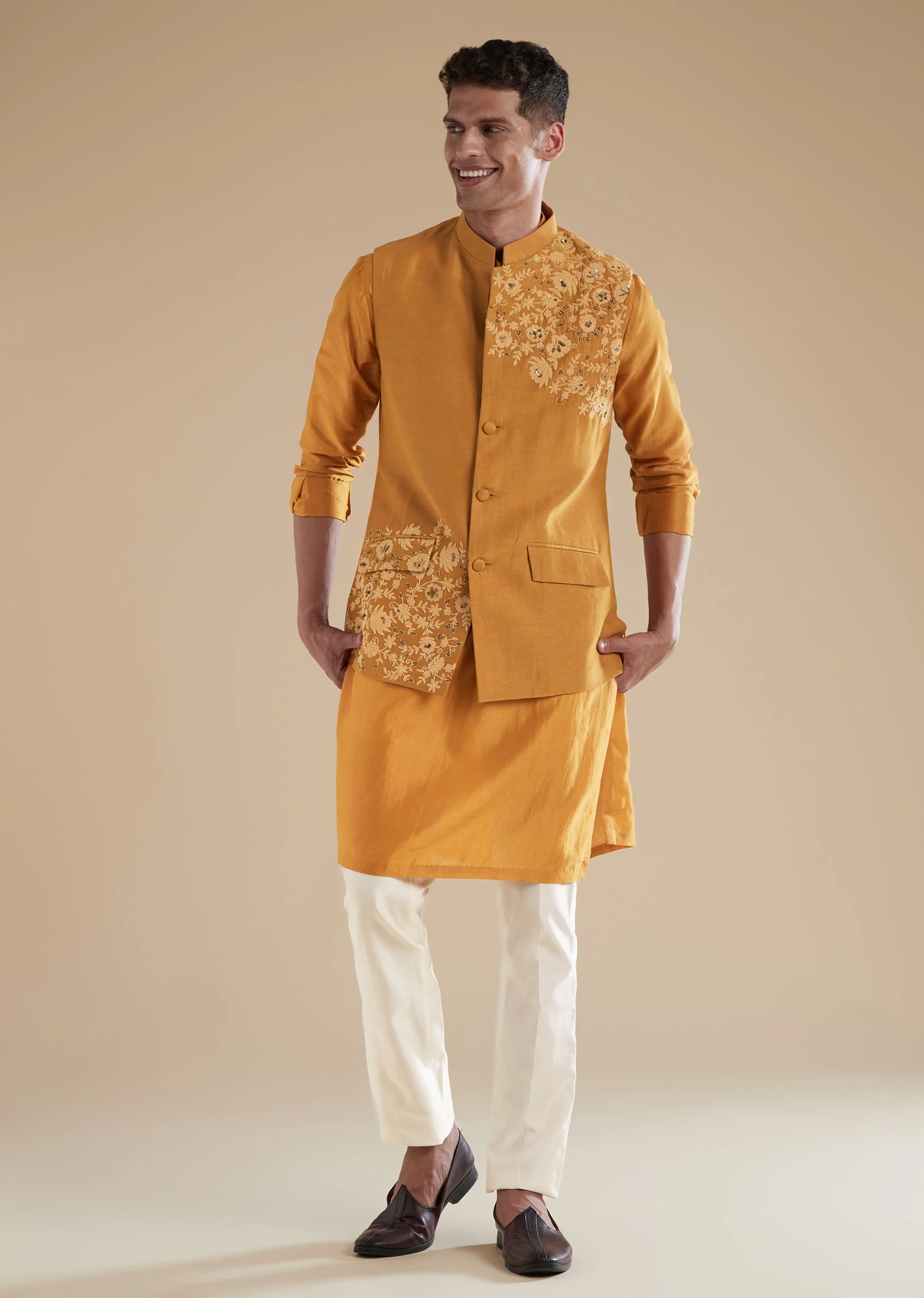 Yellow Chanderi Kurta Jacket Set With Dori Bead Work - Image 3