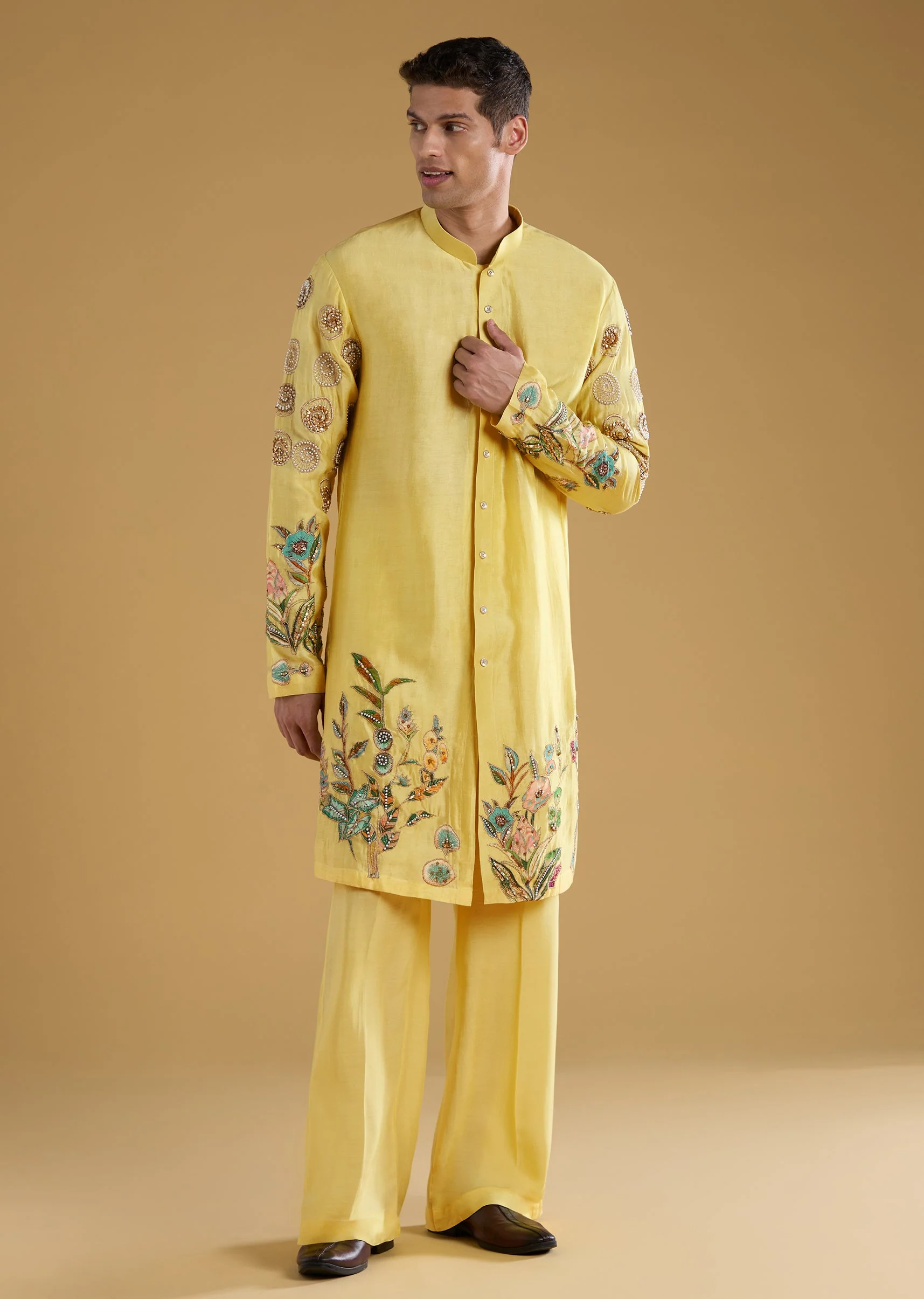 Yellow Chanderi Moti Work Mens Kurta Set