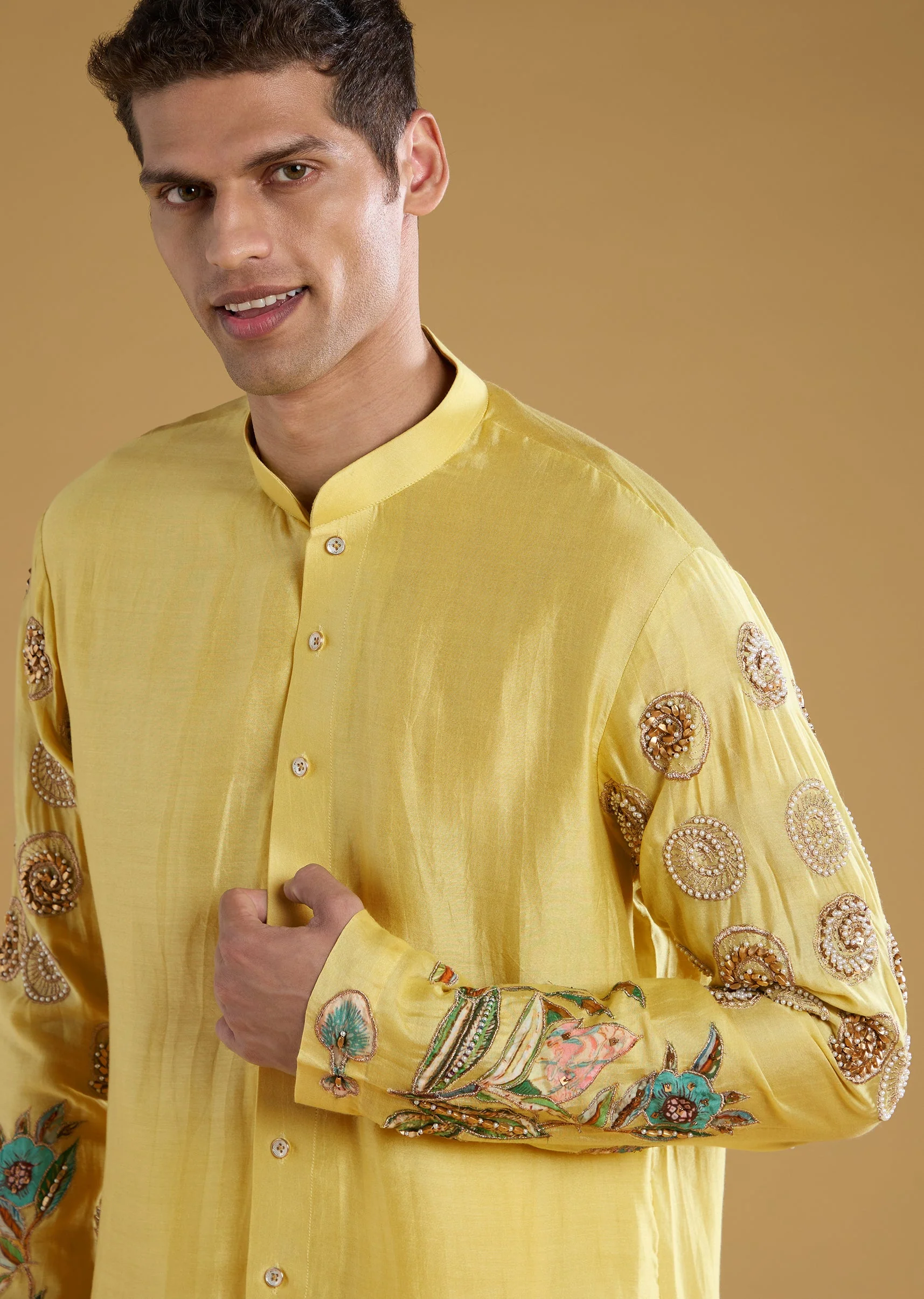 Yellow Chanderi Moti Work Mens Kurta Set - Image 2