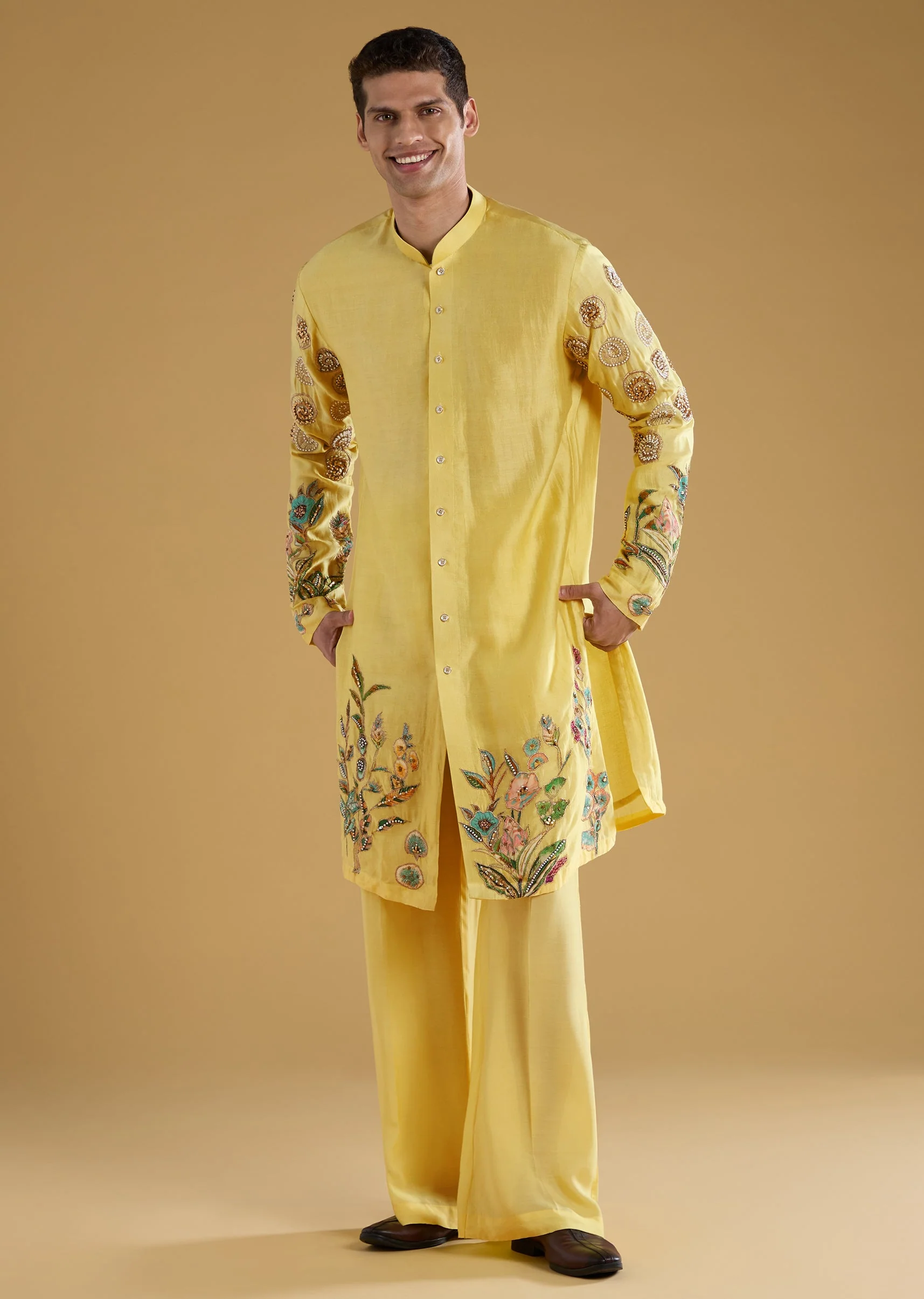 Yellow Chanderi Moti Work Mens Kurta Set - Image 3