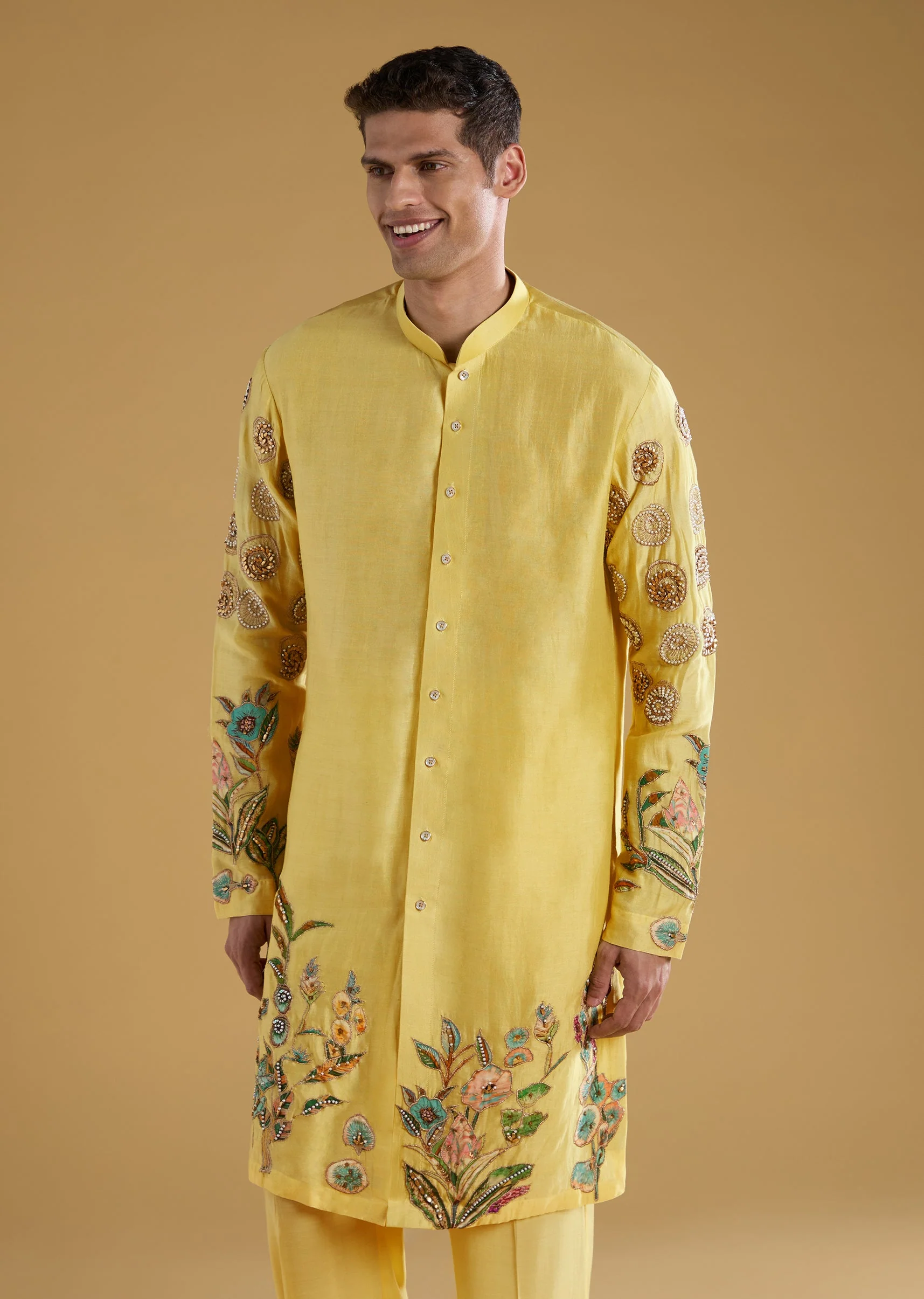Yellow Chanderi Moti Work Mens Kurta Set - Image 4