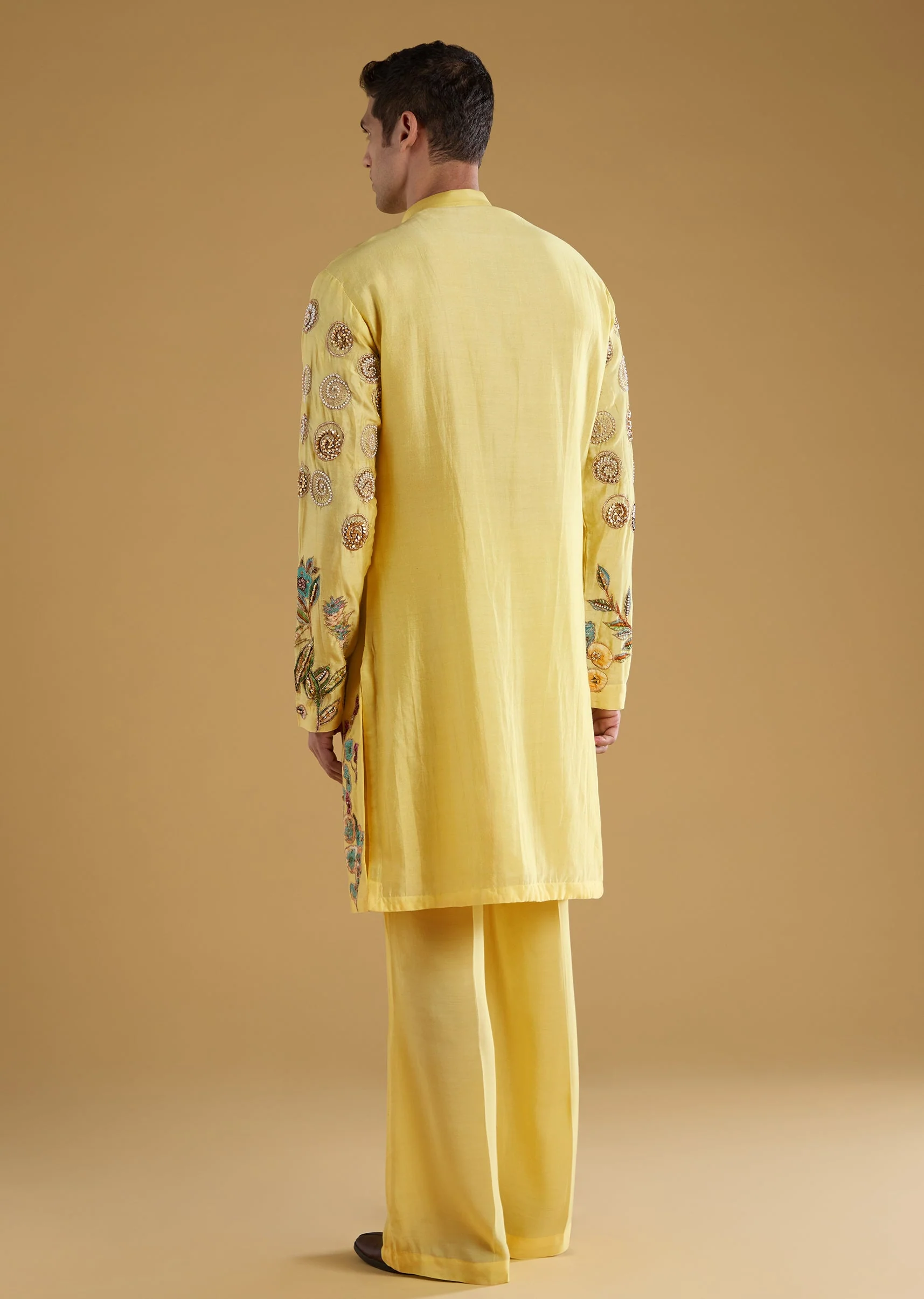 Yellow Chanderi Moti Work Mens Kurta Set - Image 5