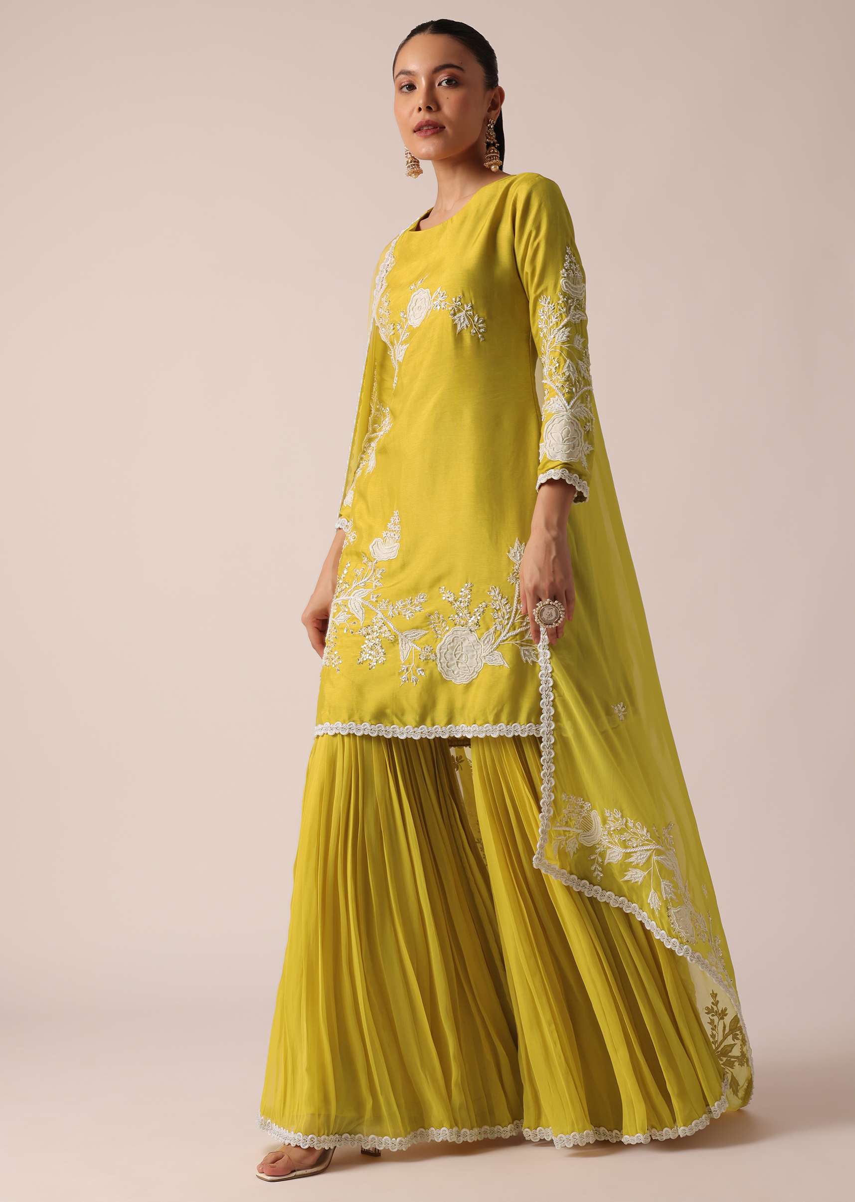 Yellow Chanderi Silk Kurta Sharara Set - Image 4