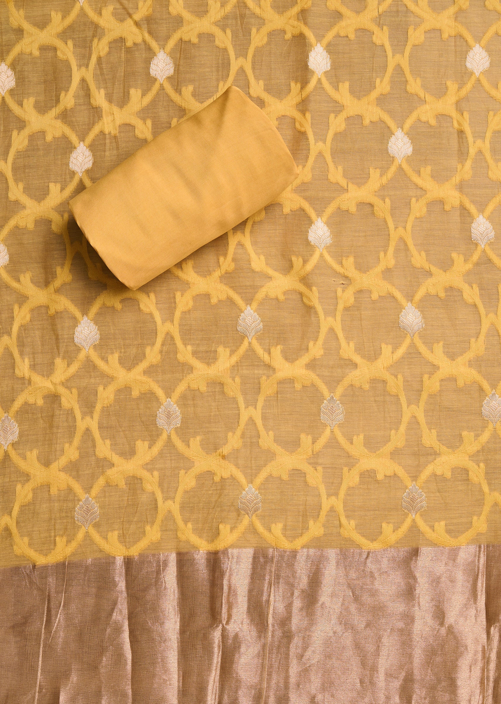 Yellow Chanderi Unstitched Suit Set - Image 3