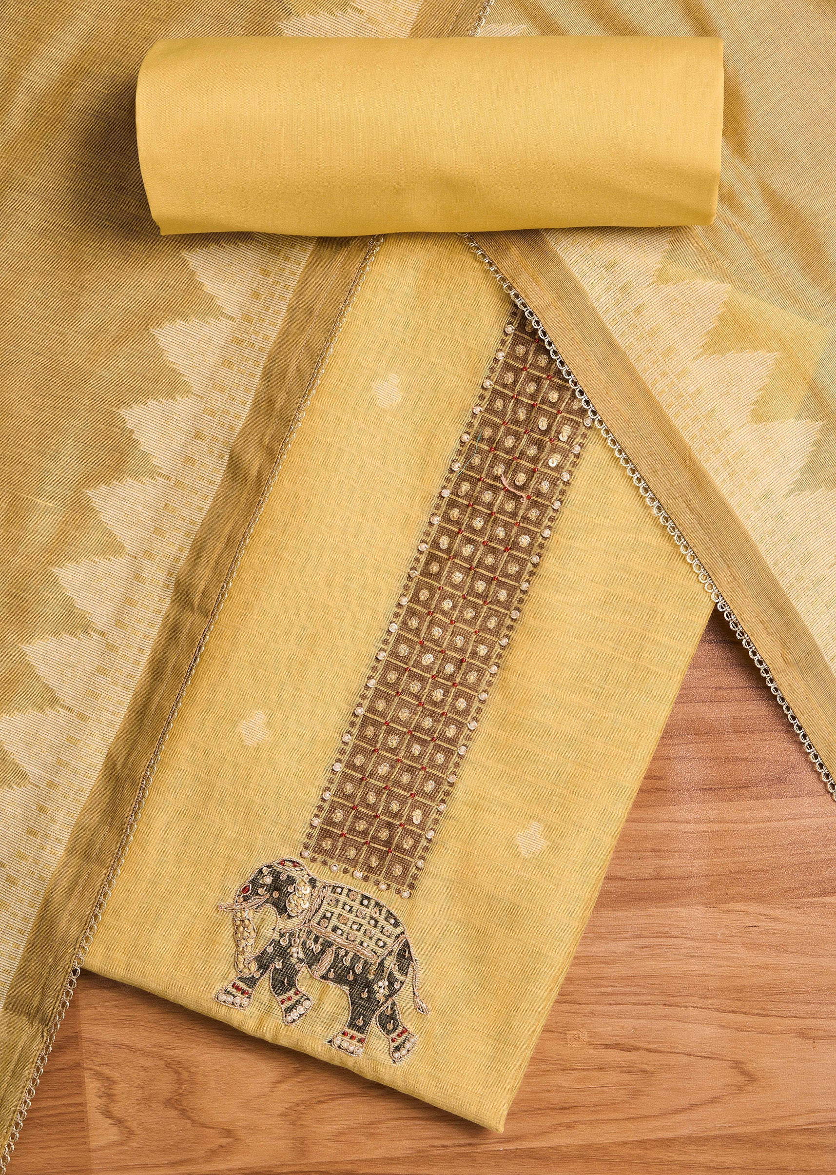 Yellow Chanderi Unstitched Suit With Dupatta