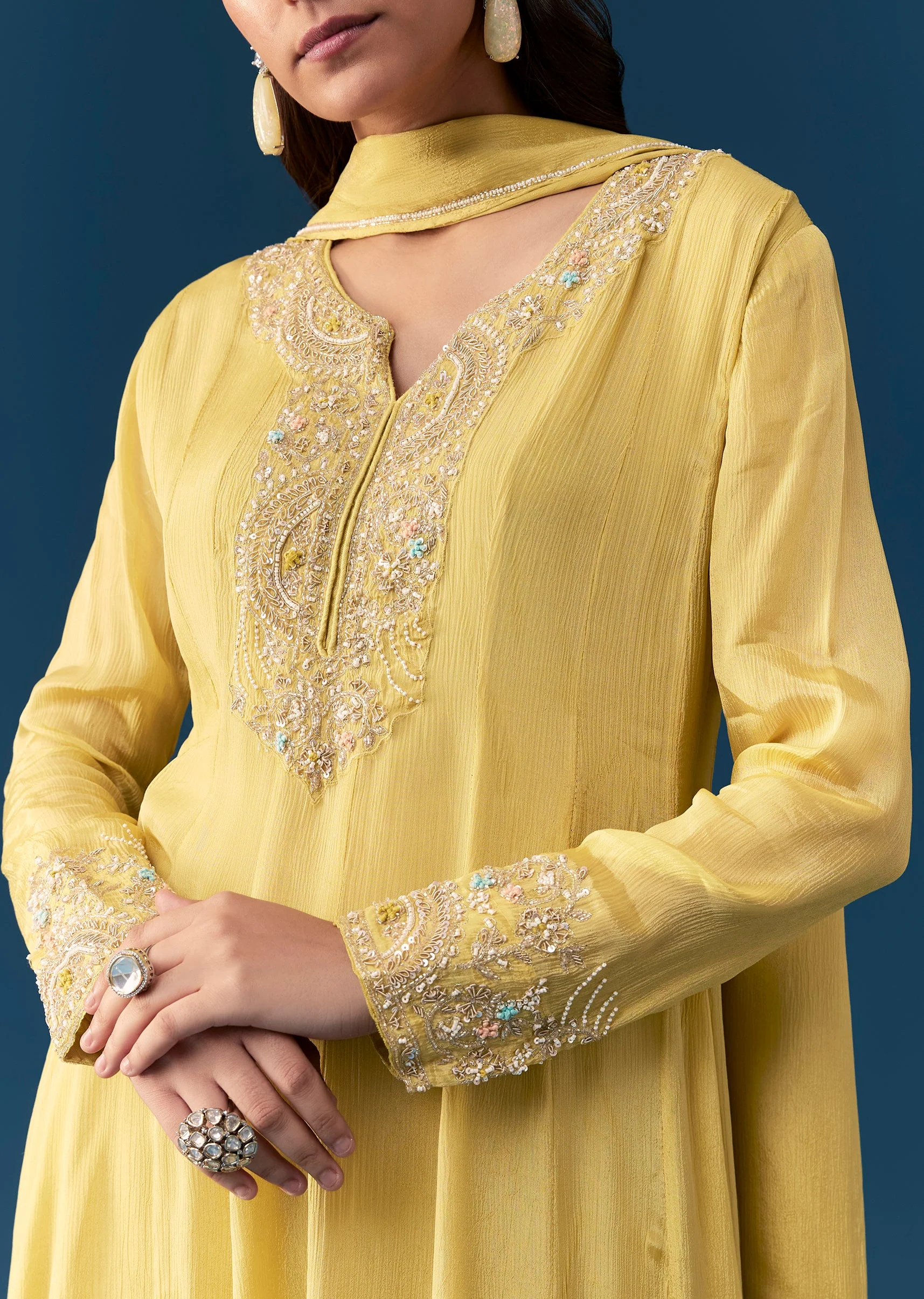 Yellow Chinon Anarkali Set With Moti And Cut Dana Work - Image 2