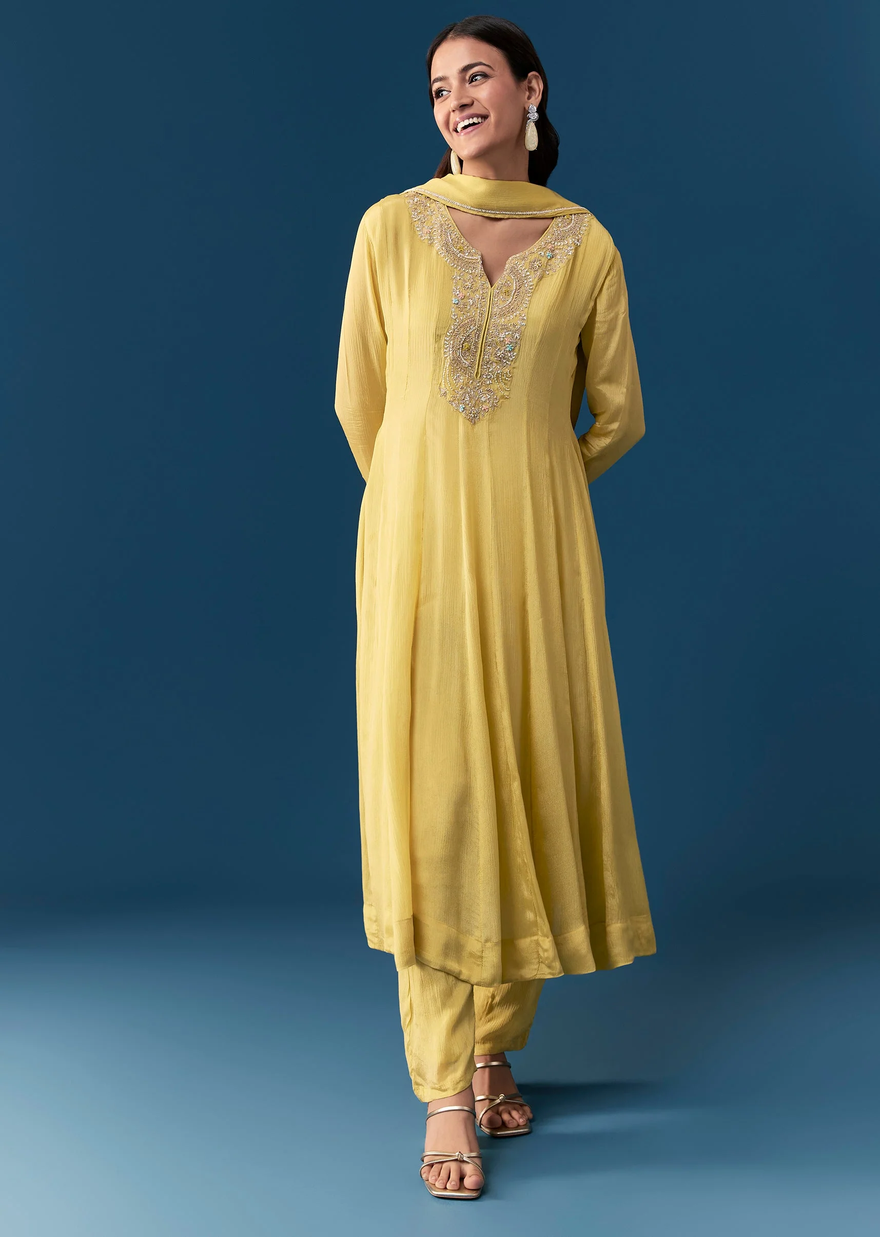 Yellow Chinon Anarkali Set With Moti And Cut Dana Work - Image 3