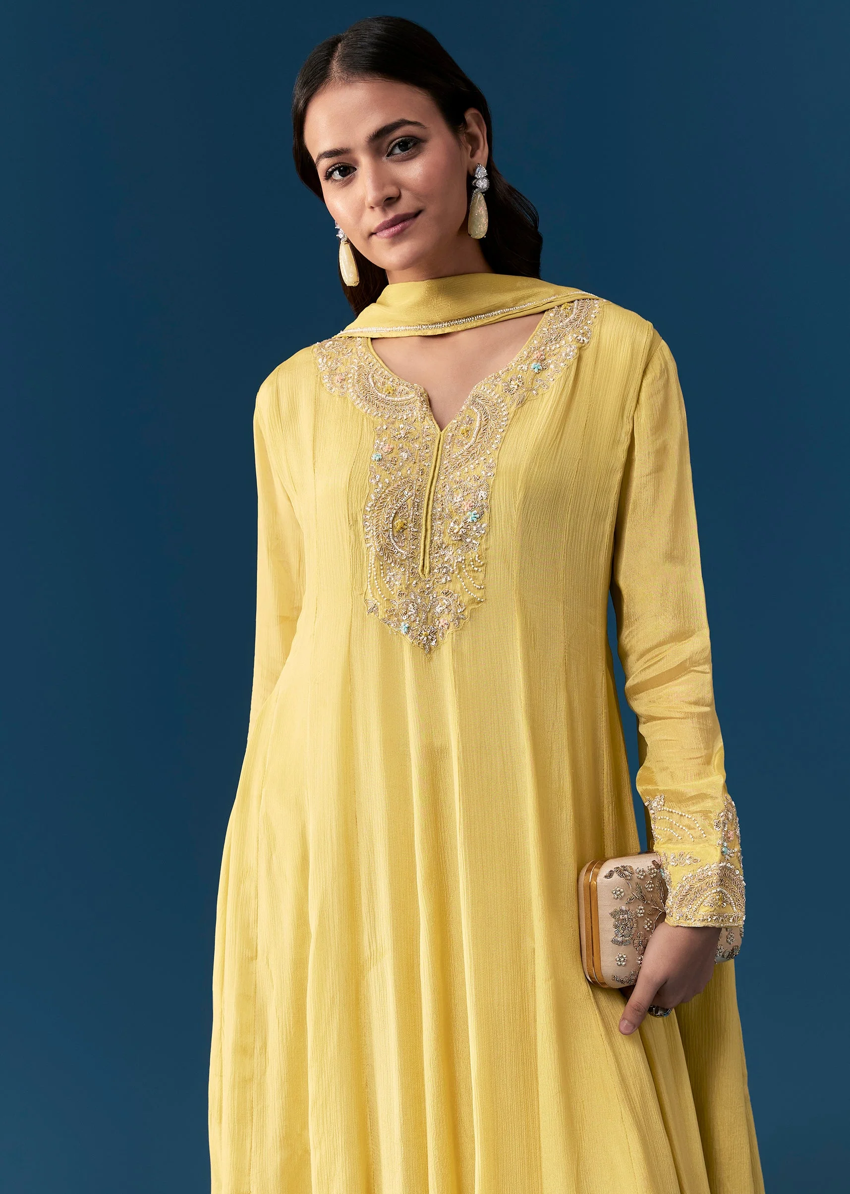 Yellow Chinon Anarkali Set With Moti And Cut Dana Work - Image 4