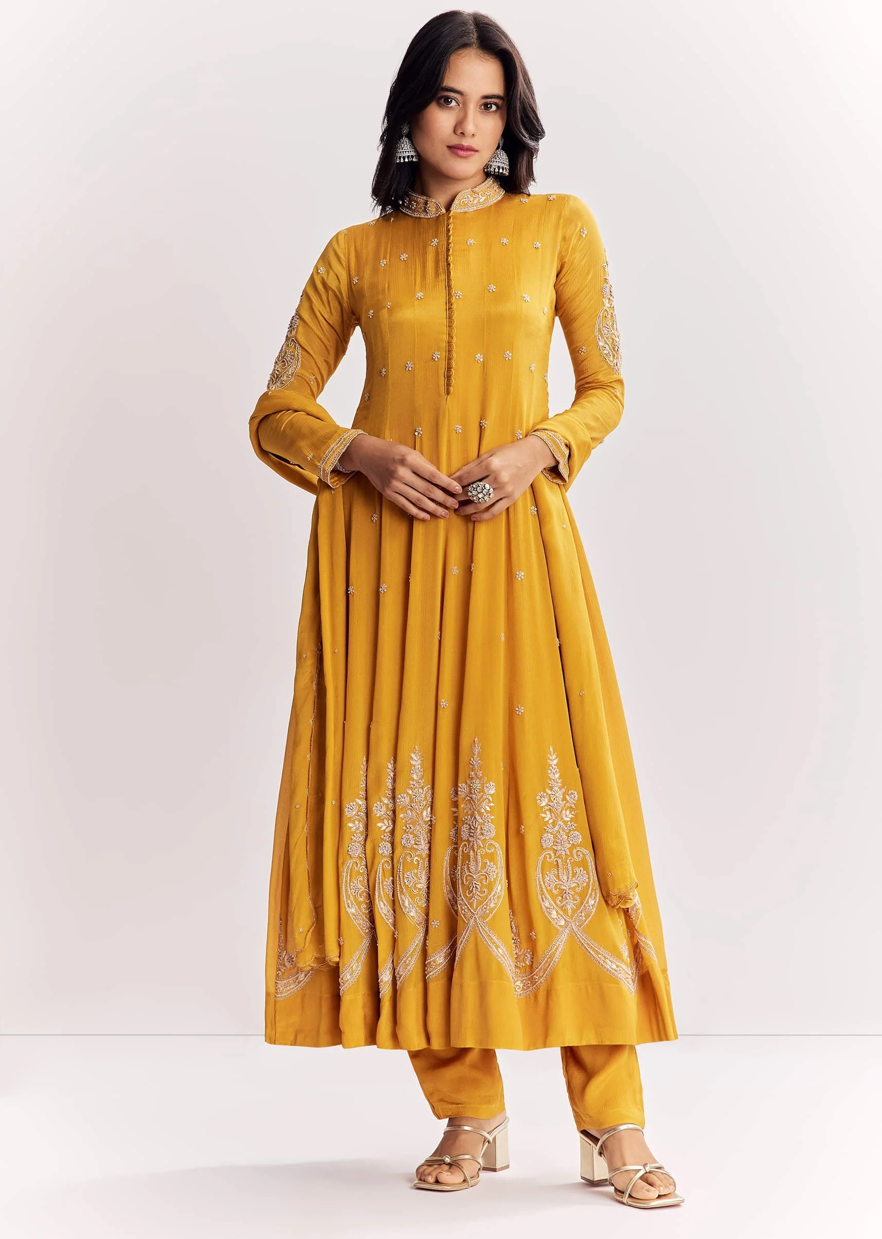 Yellow Chinon Anarkali Suit With Moti Sequins And Cutdana Dupatta - Image 3