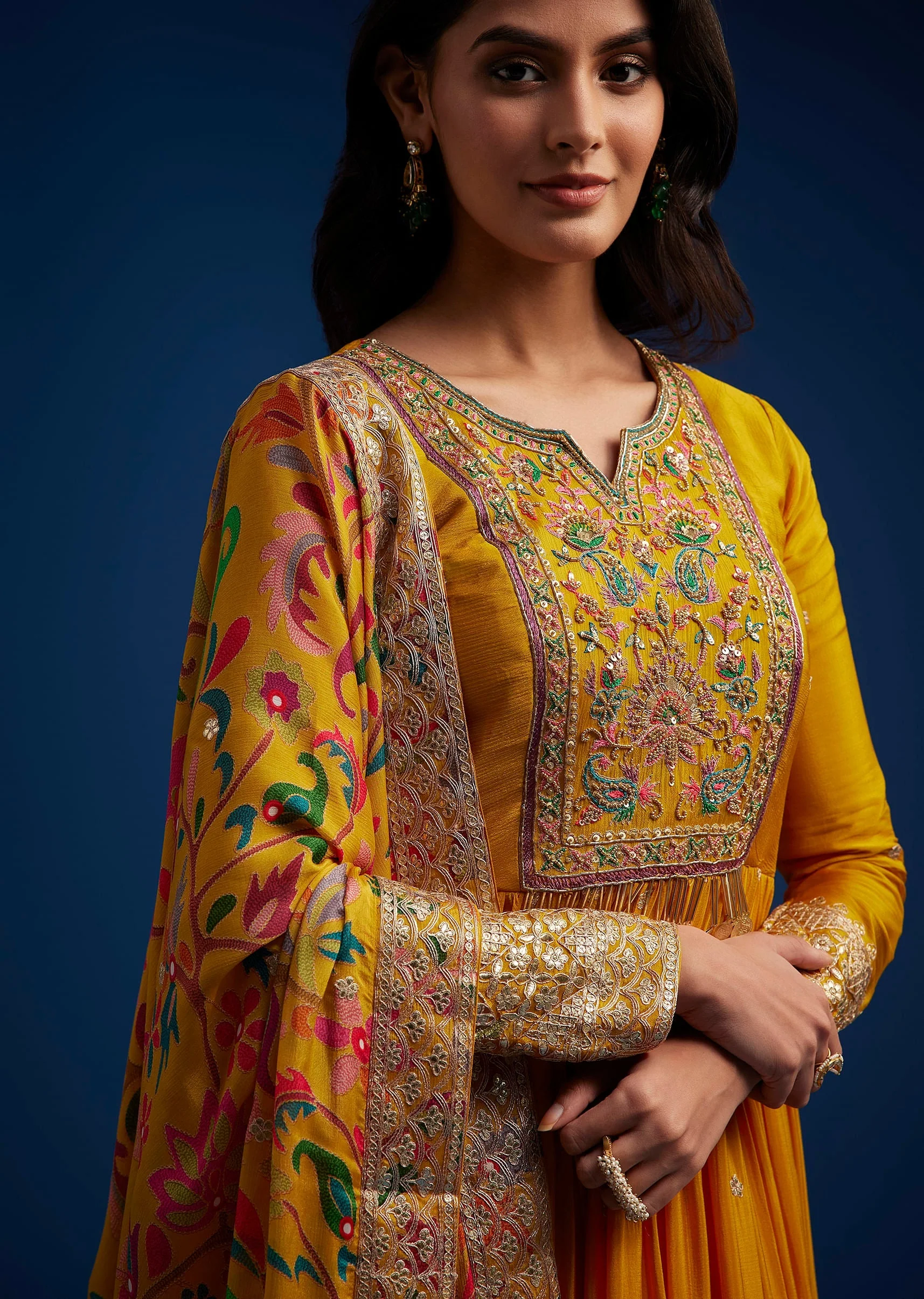 Yellow Chinon Embroidered Anarkali Set With Printed Dupatta - Image 2