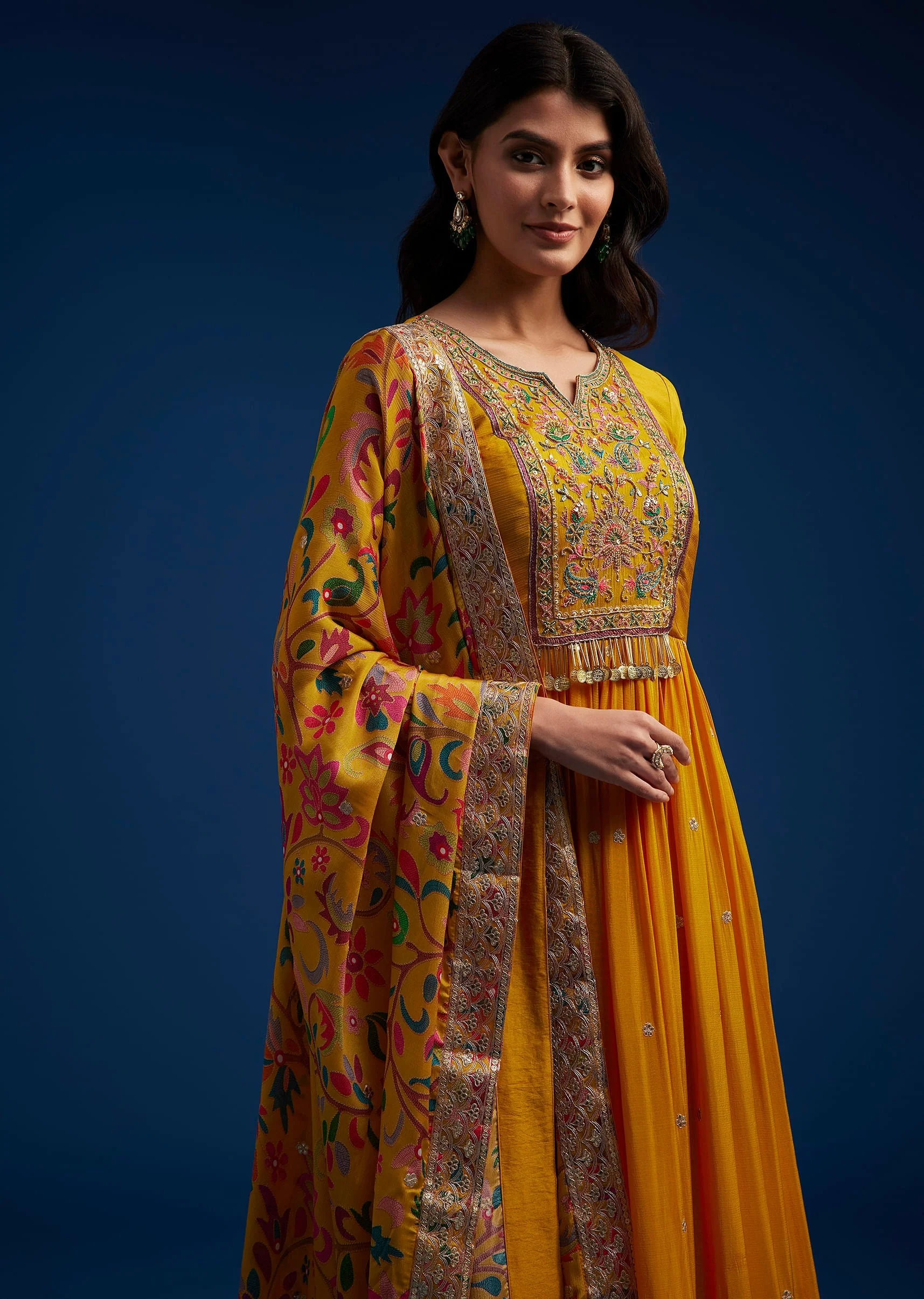 Yellow Chinon Embroidered Anarkali Set With Printed Dupatta - Image 4