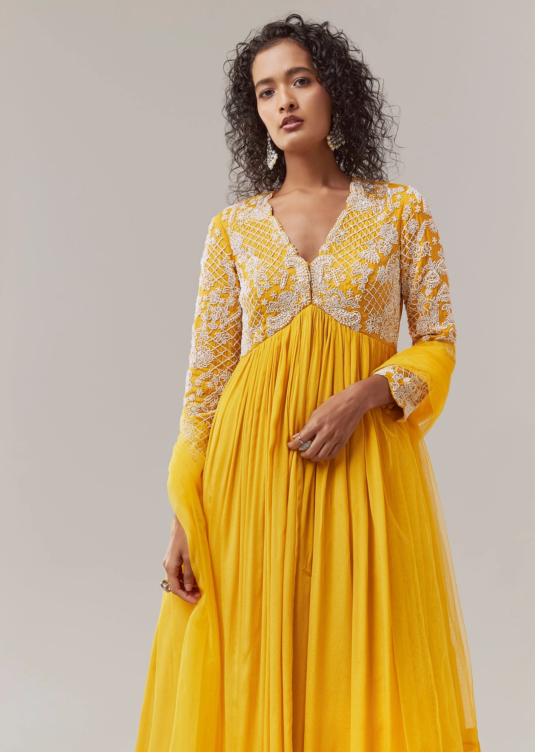 Yellow Chinon Embroidered Anarkali with Dupatta - Image 4