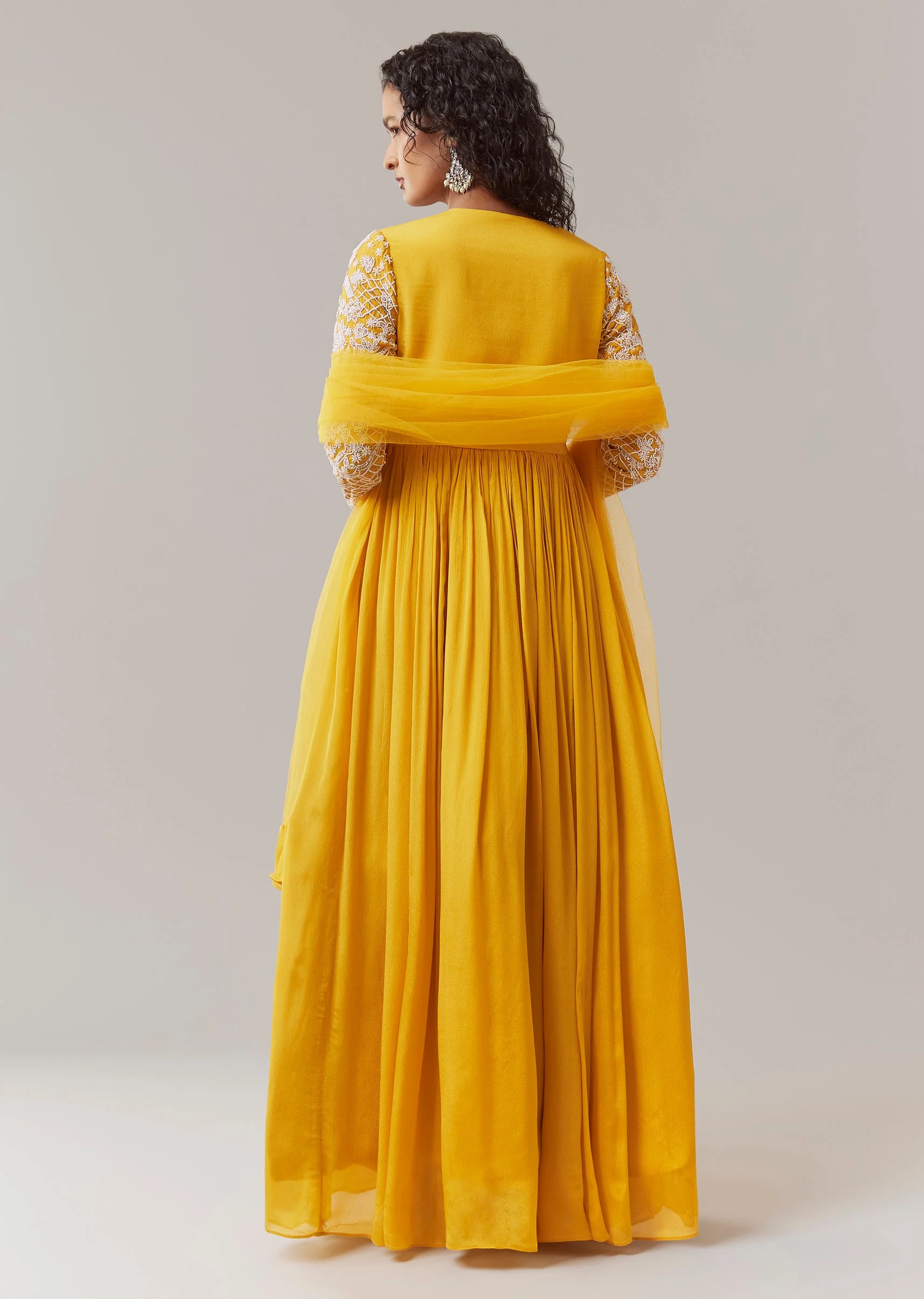 Yellow Chinon Embroidered Anarkali with Dupatta - Image 5
