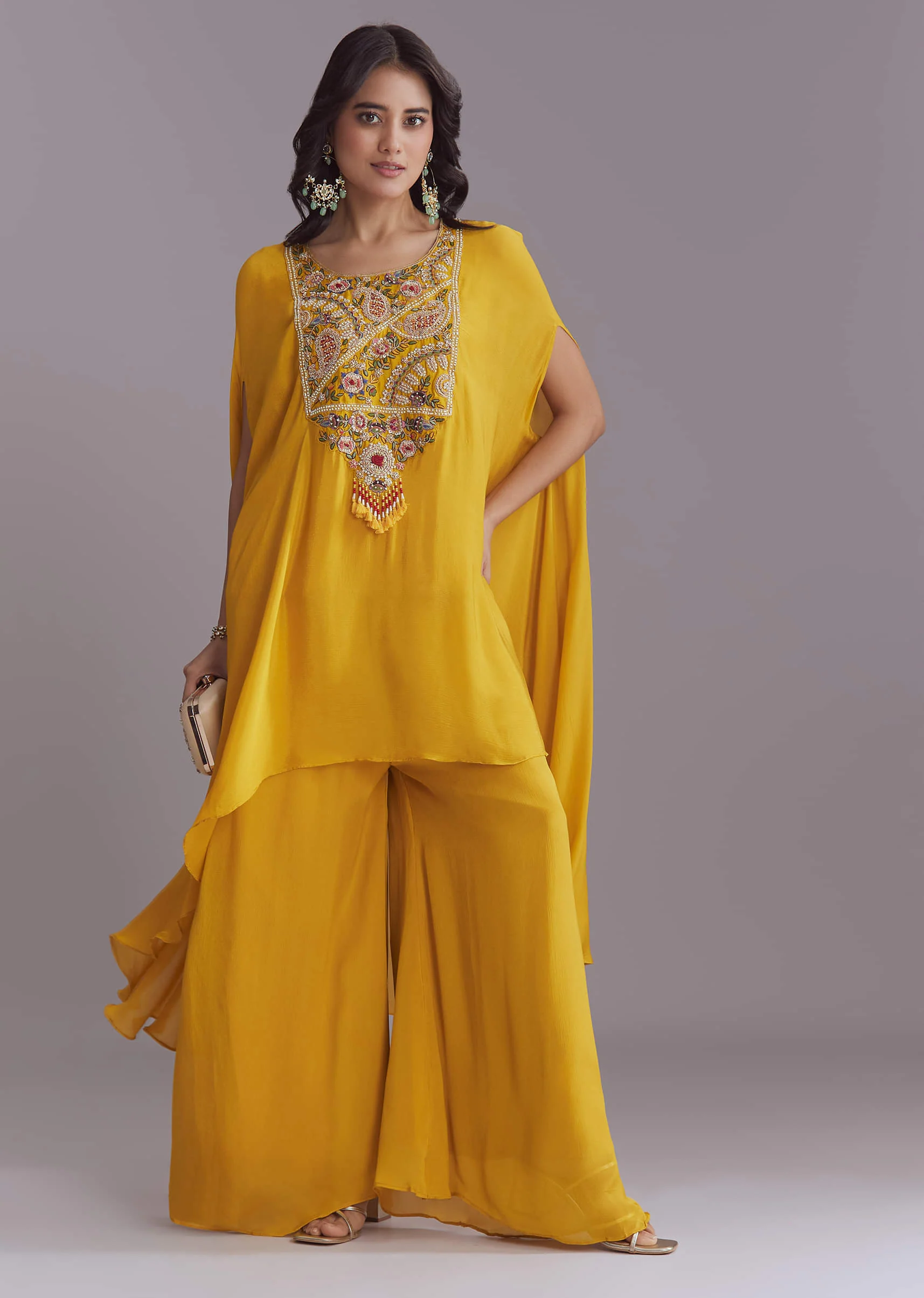 Yellow Chinon Kaftan Top And Palazzo Set With Embroidery