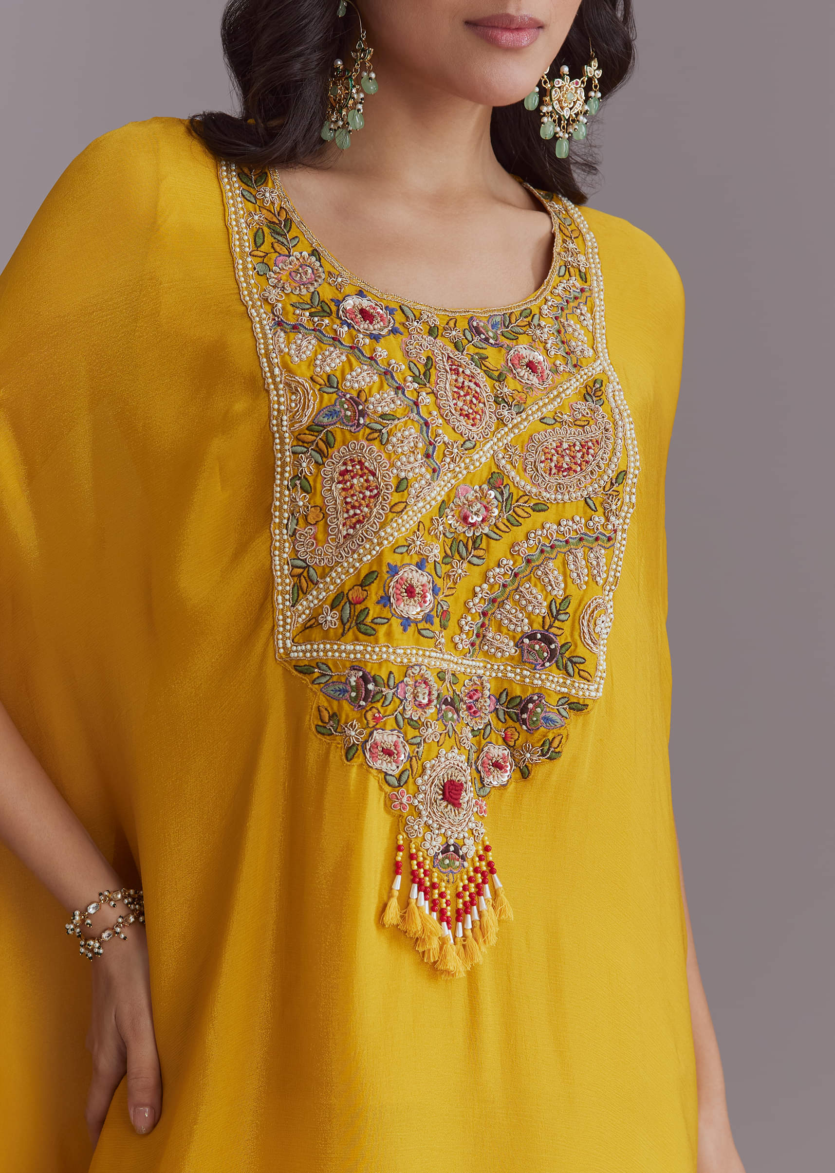 Yellow Chinon Kaftan Top And Palazzo Set With Embroidery - Image 2