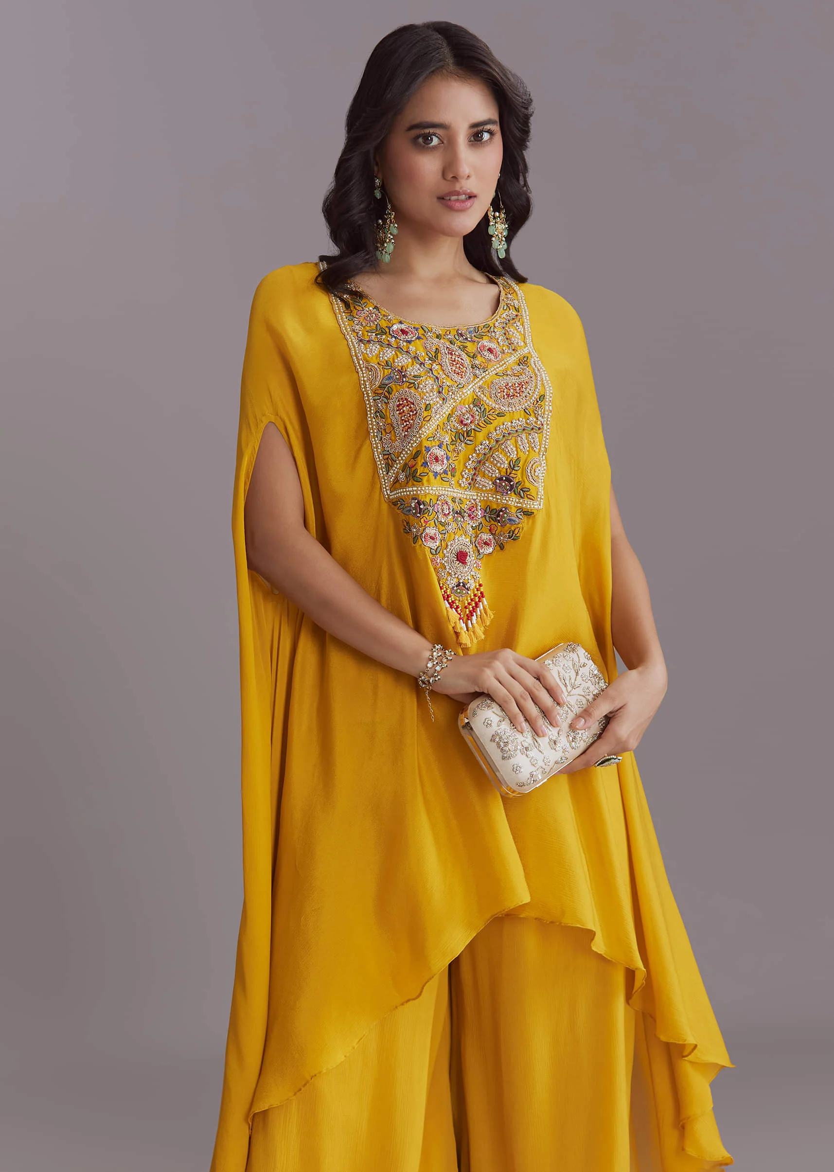 Yellow Chinon Kaftan Top And Palazzo Set With Embroidery - Image 4