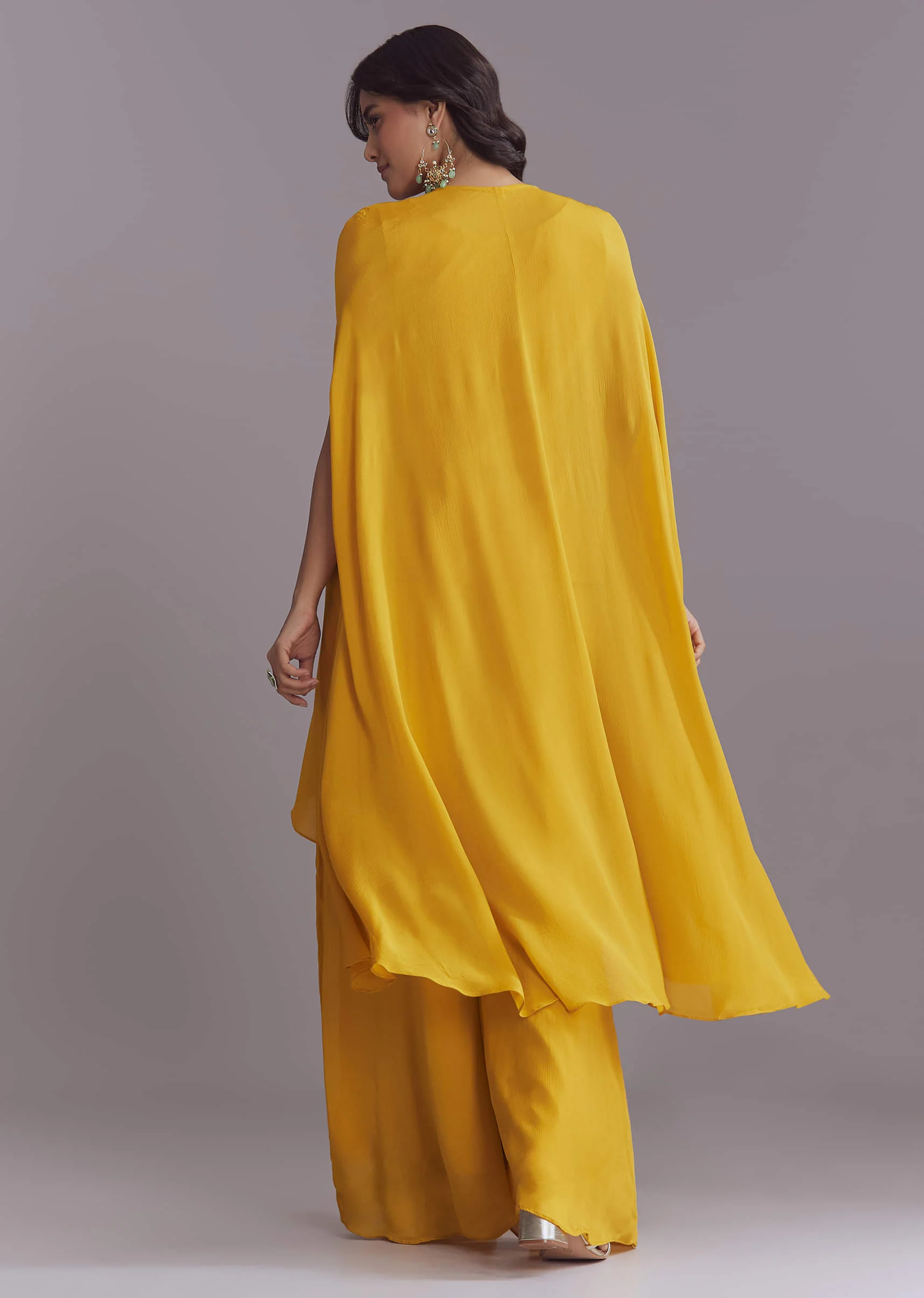 Yellow Chinon Kaftan Top And Palazzo Set With Embroidery - Image 5