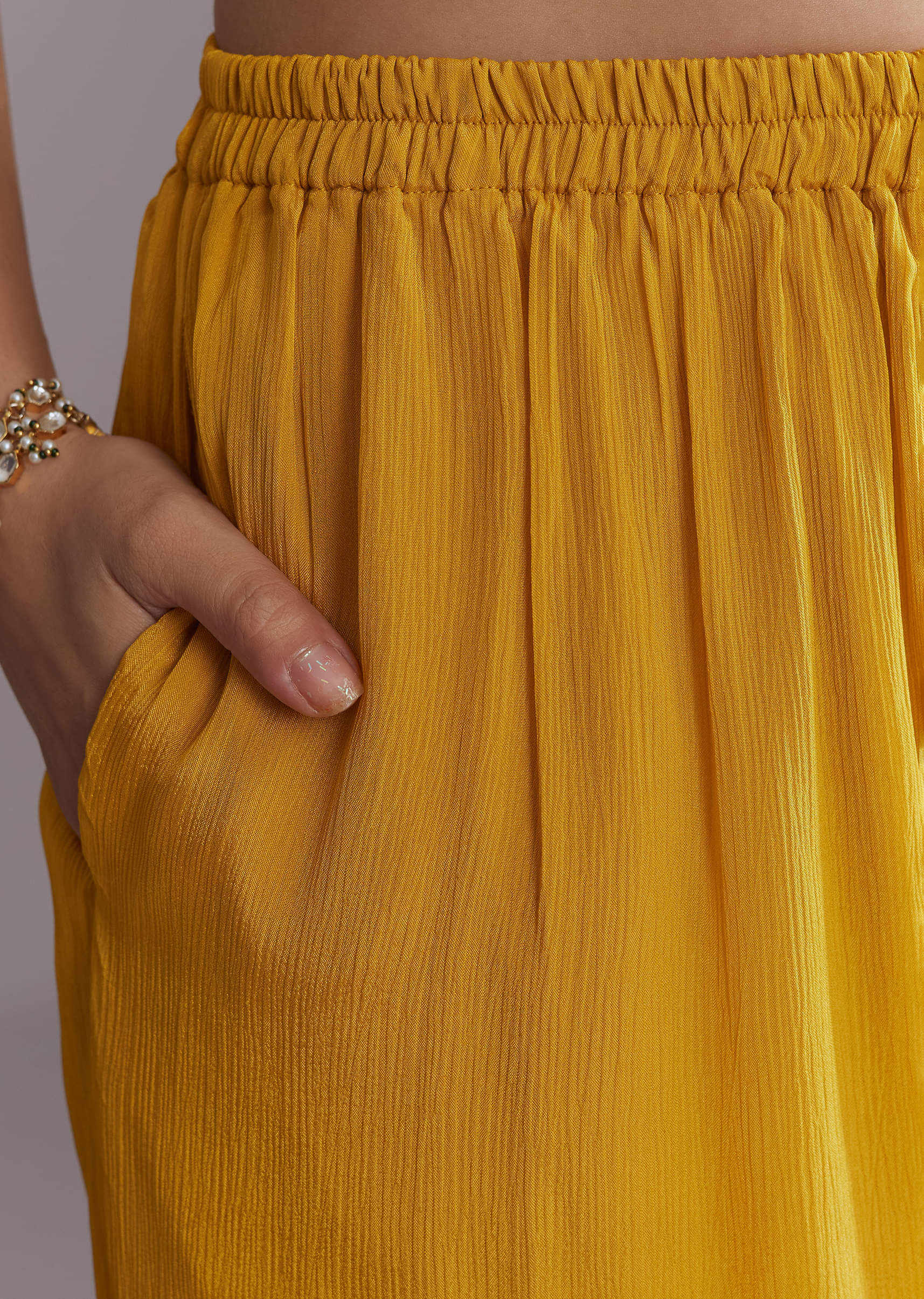 Yellow Chinon Kaftan Top And Palazzo Set With Embroidery - Image 6