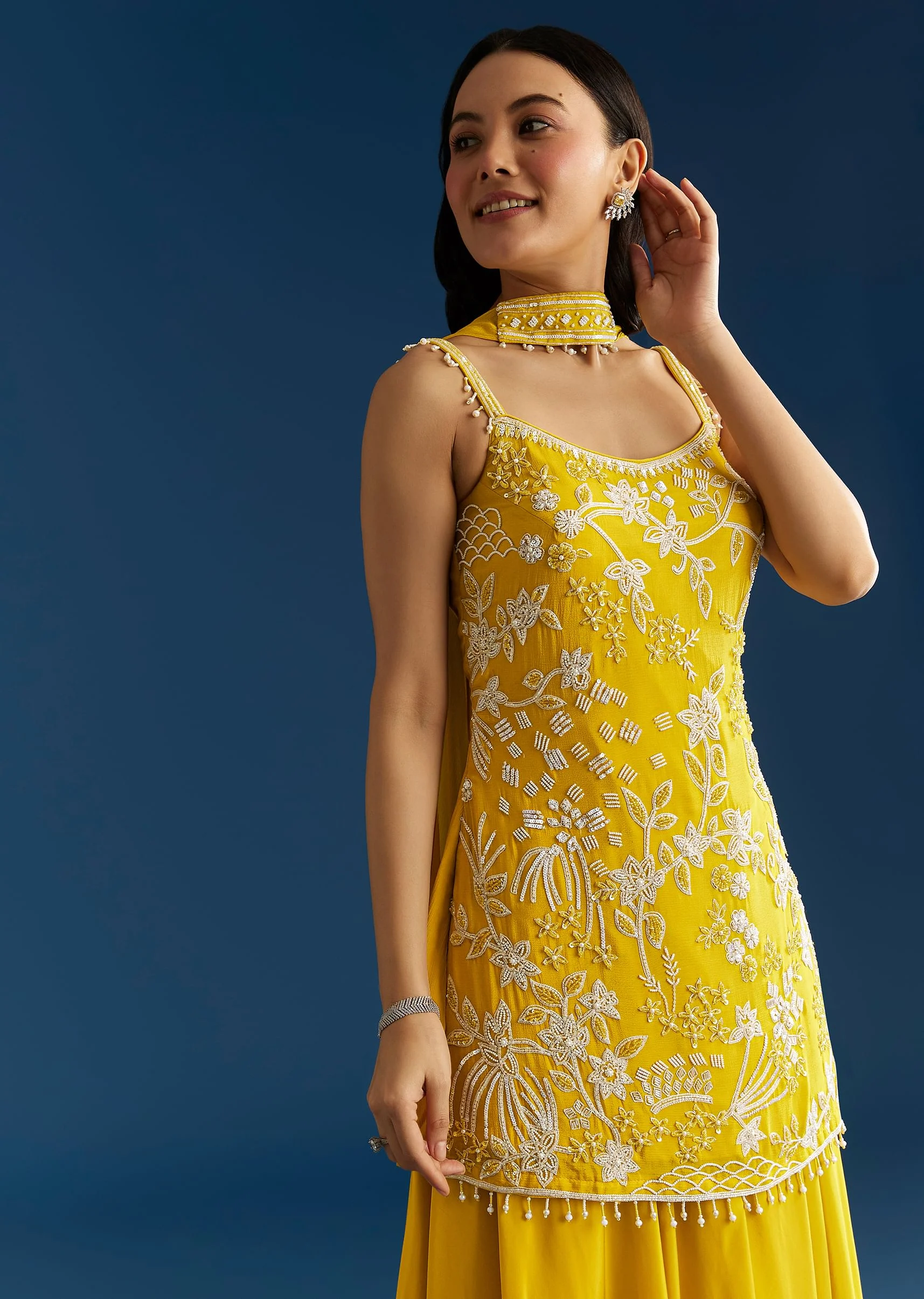 Yellow Chinon Kurta Palazzo Set With Choker Style Dupatta - Image 4
