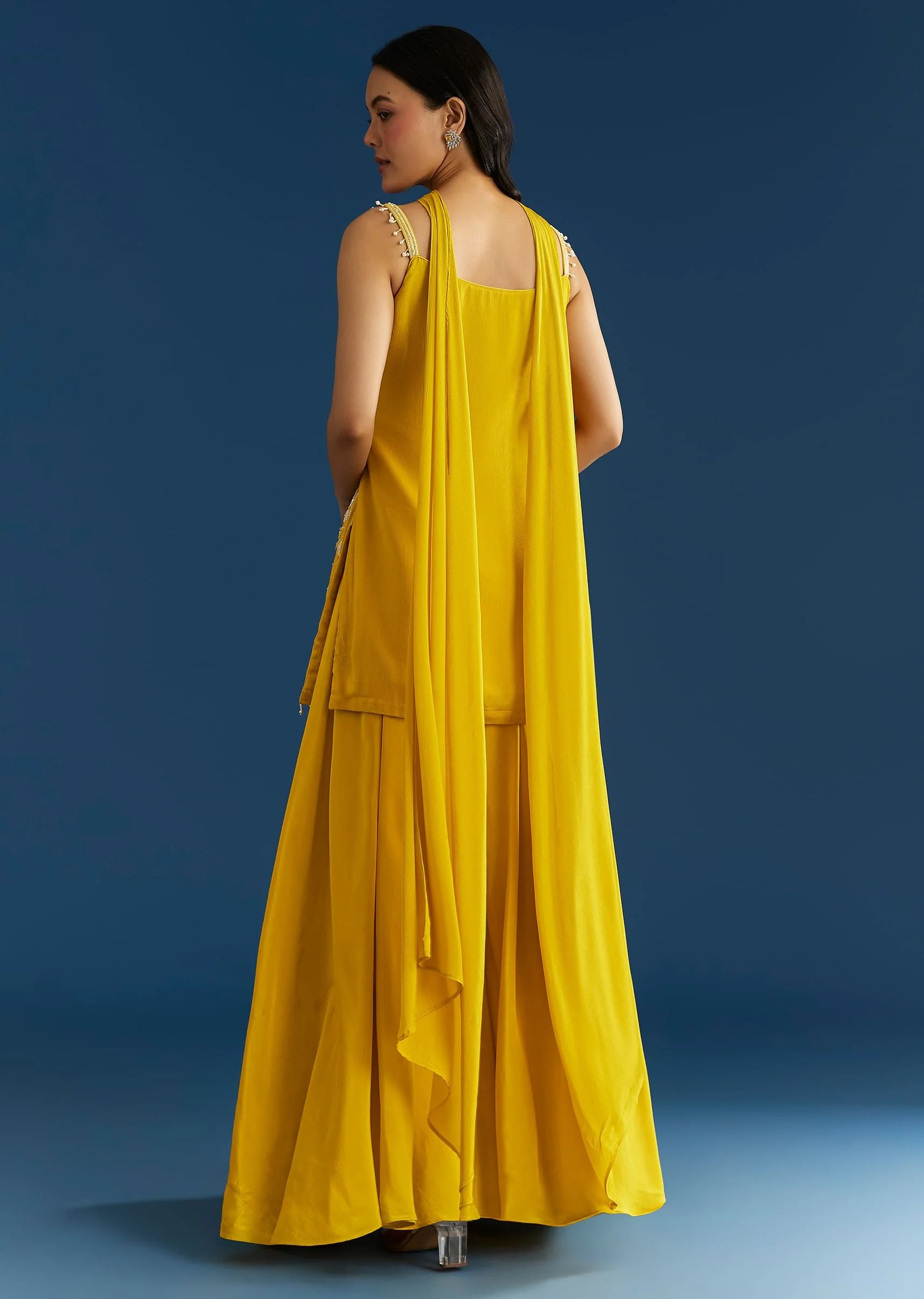 Yellow Chinon Kurta Palazzo Set With Choker Style Dupatta - Image 5