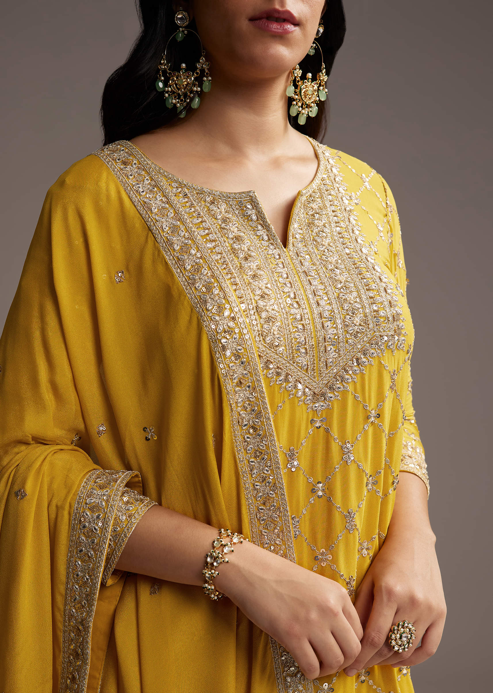Yellow Chinon Palazzo Suit With Sequin Embroidery - Image 2